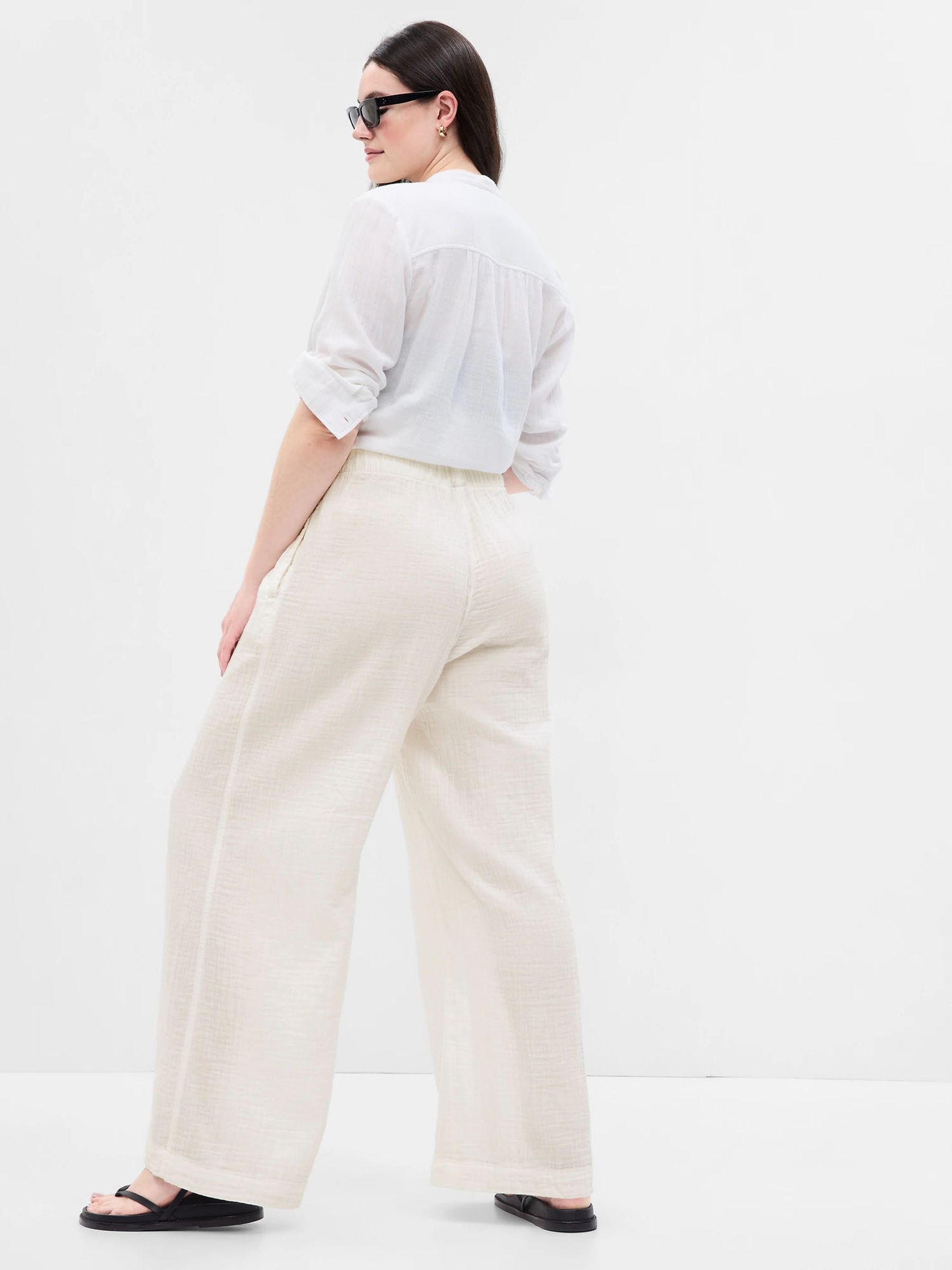 White Crinkle Gauze Wide Leg Cotton Trousers - Image 4 of 6