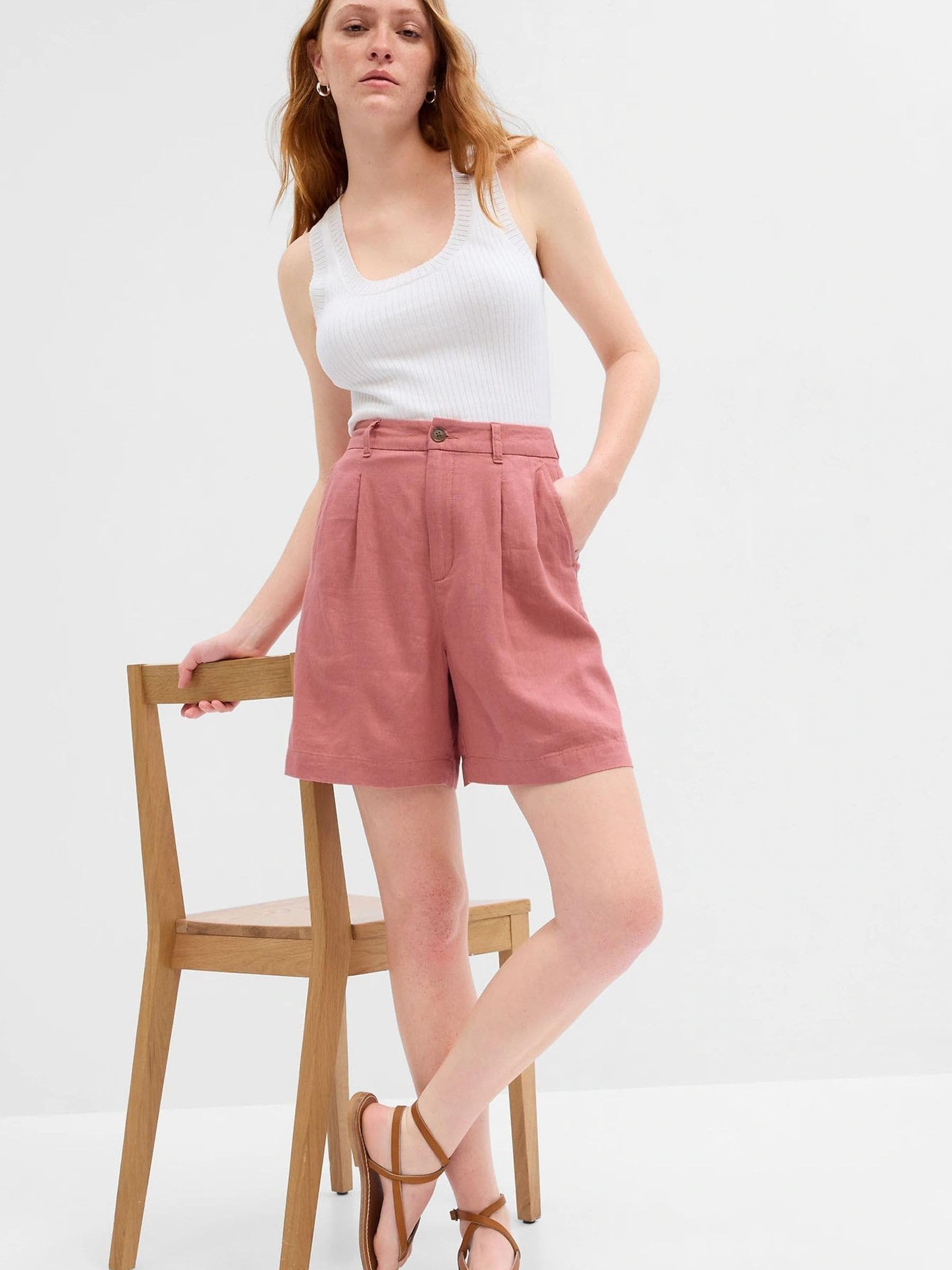 Pink High Rise Pleated Linen Shorts - Image 1 of 2