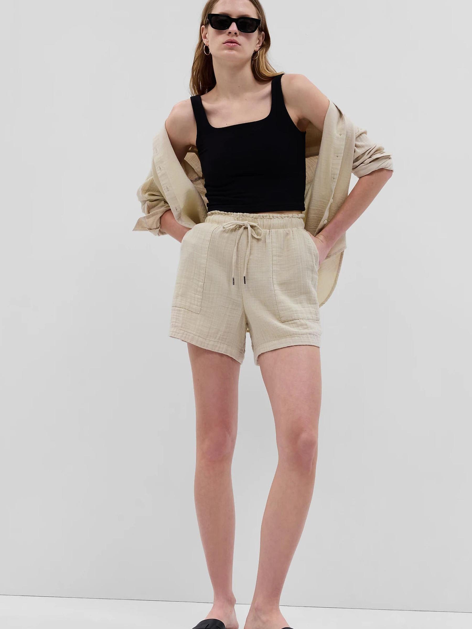 Cream Crinkle Gauze Shorts - Image 1 of 4