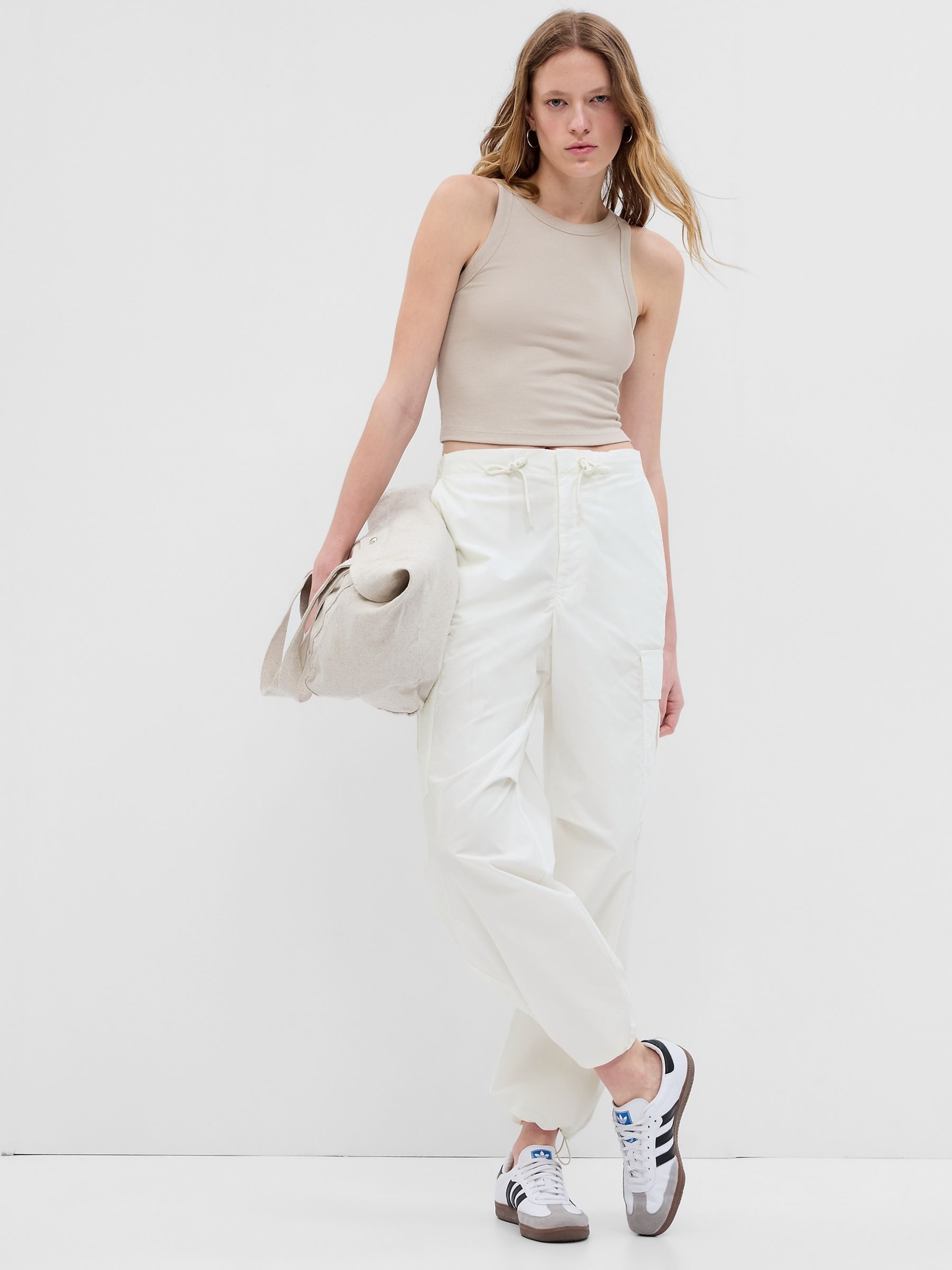 White Cargo Parachute Trousers - Image 1 of 4