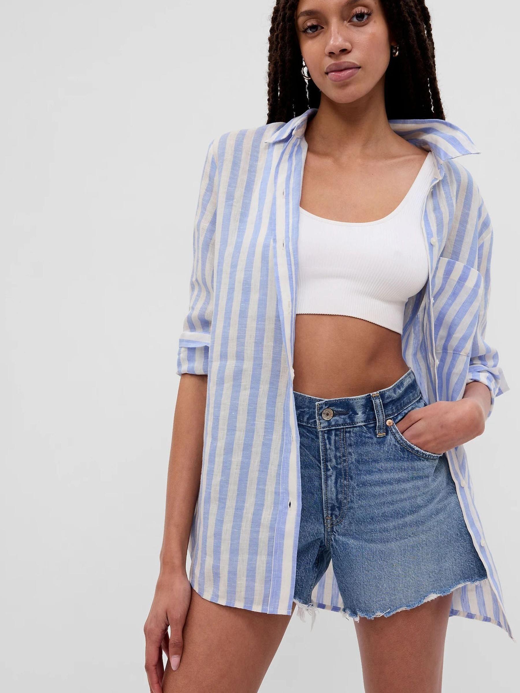 Beige/White Linen Boyfriend Shirt - Image 1 of 2