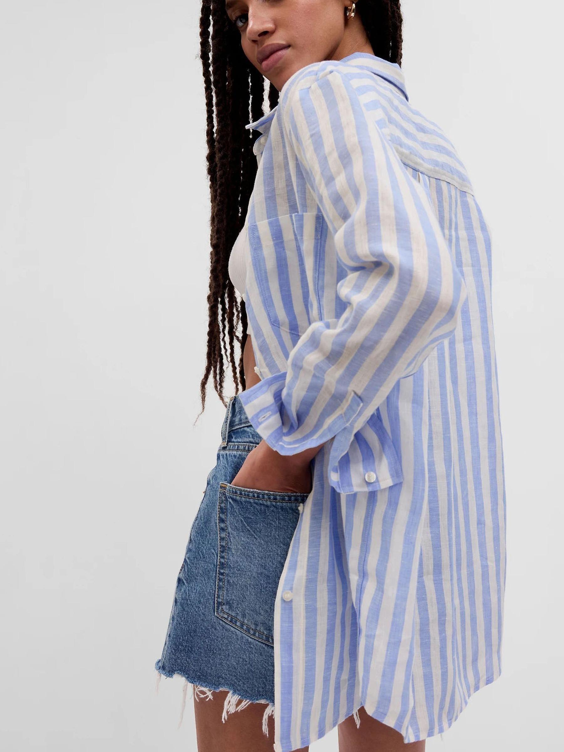 Beige/White Linen Boyfriend Shirt - Image 2 of 2