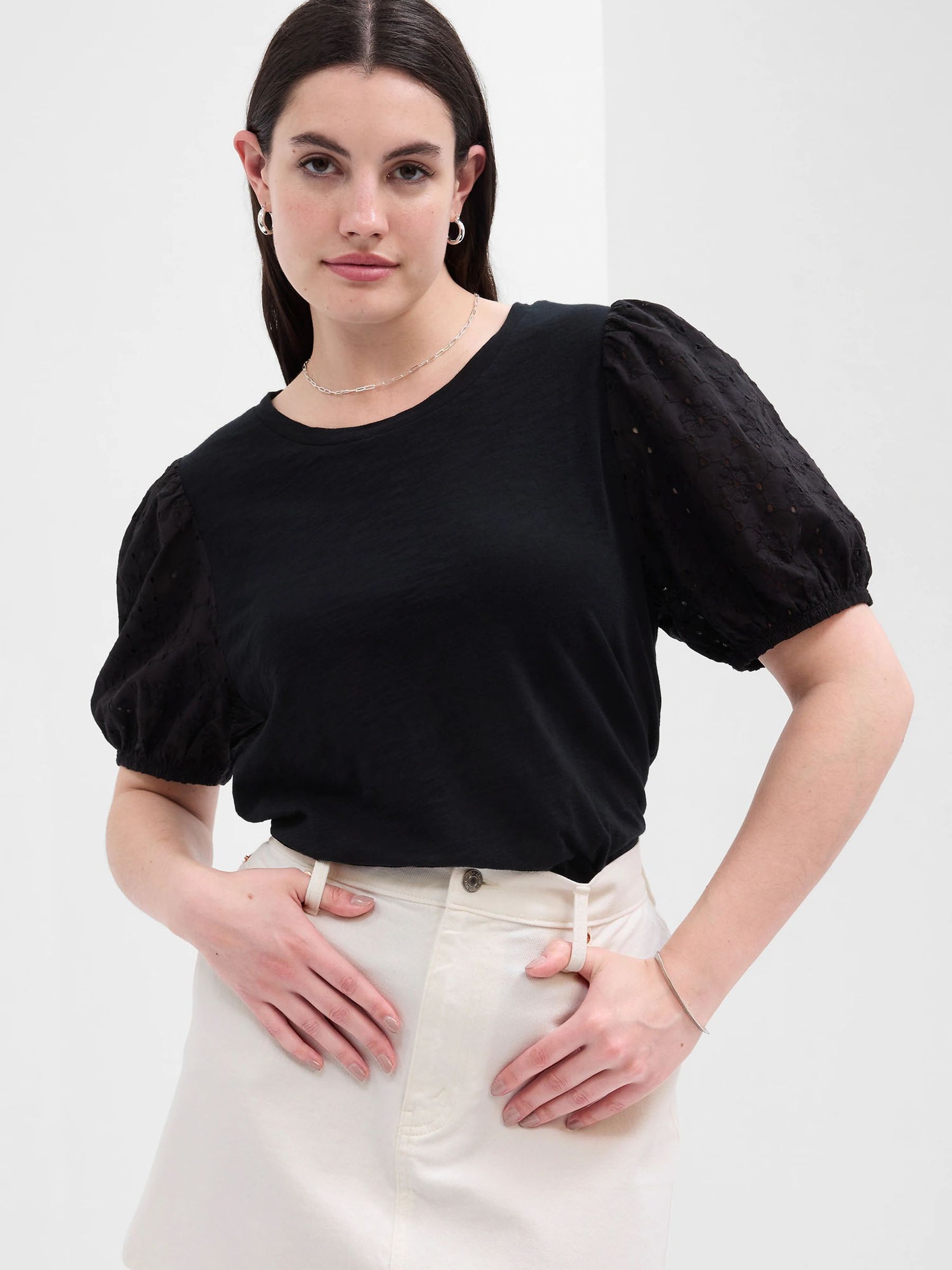 Black Broderie Puff Sleeve Crew Neck T-Shirt - Image 1 of 4