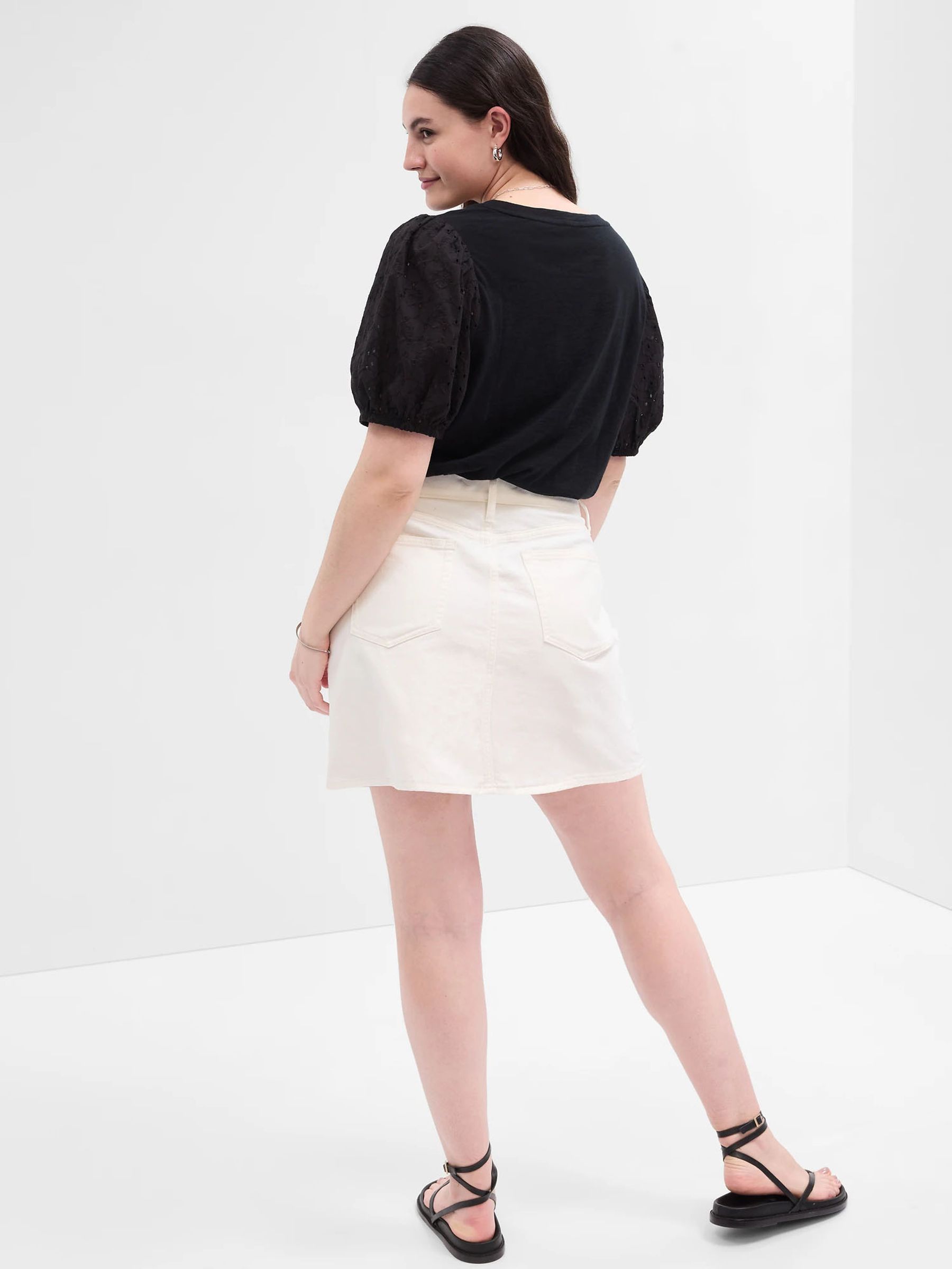 Black Broderie Puff Sleeve Crew Neck T-Shirt - Image 2 of 4
