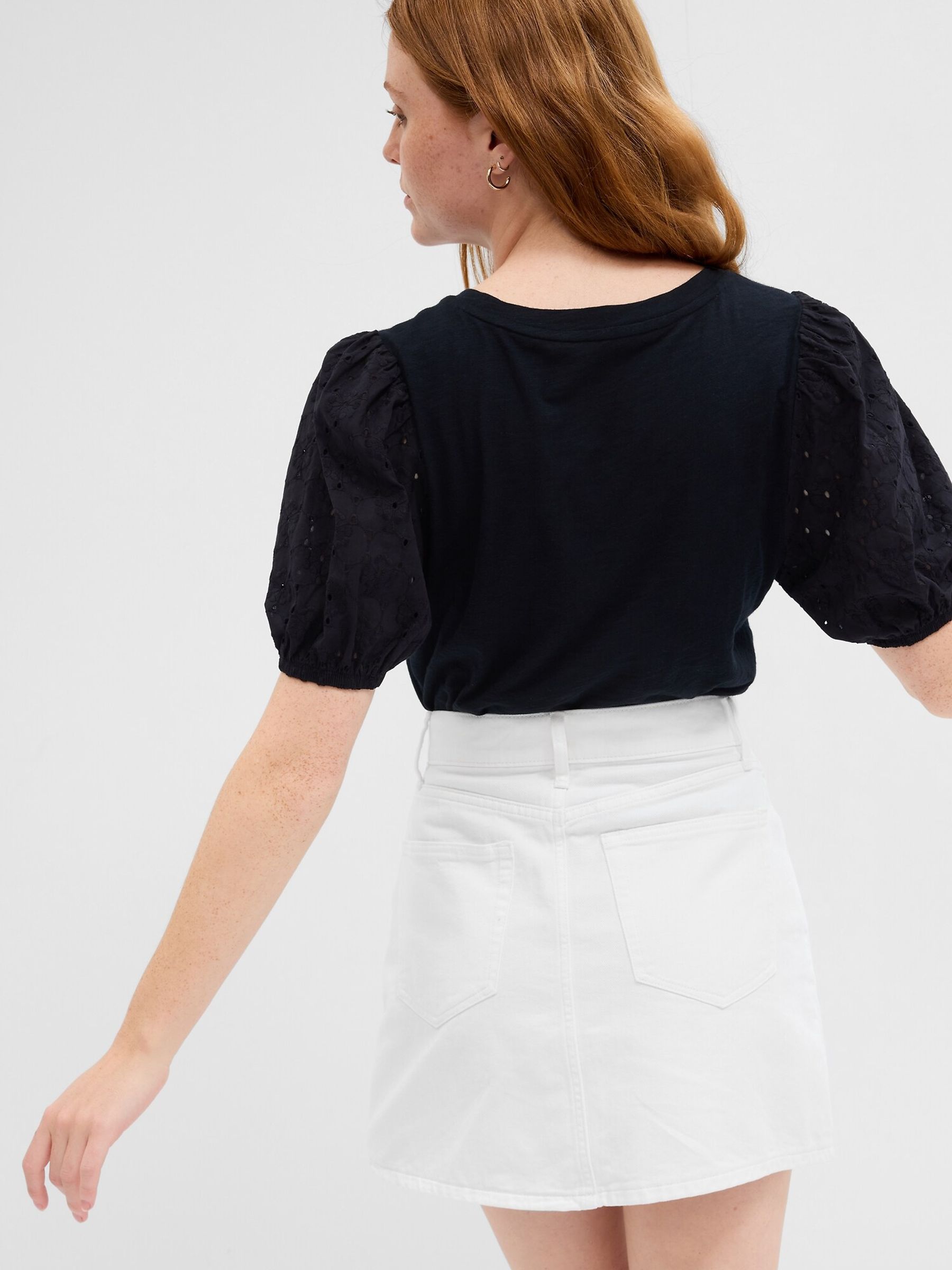 Black Broderie Puff Sleeve Crew Neck T-Shirt - Image 4 of 4