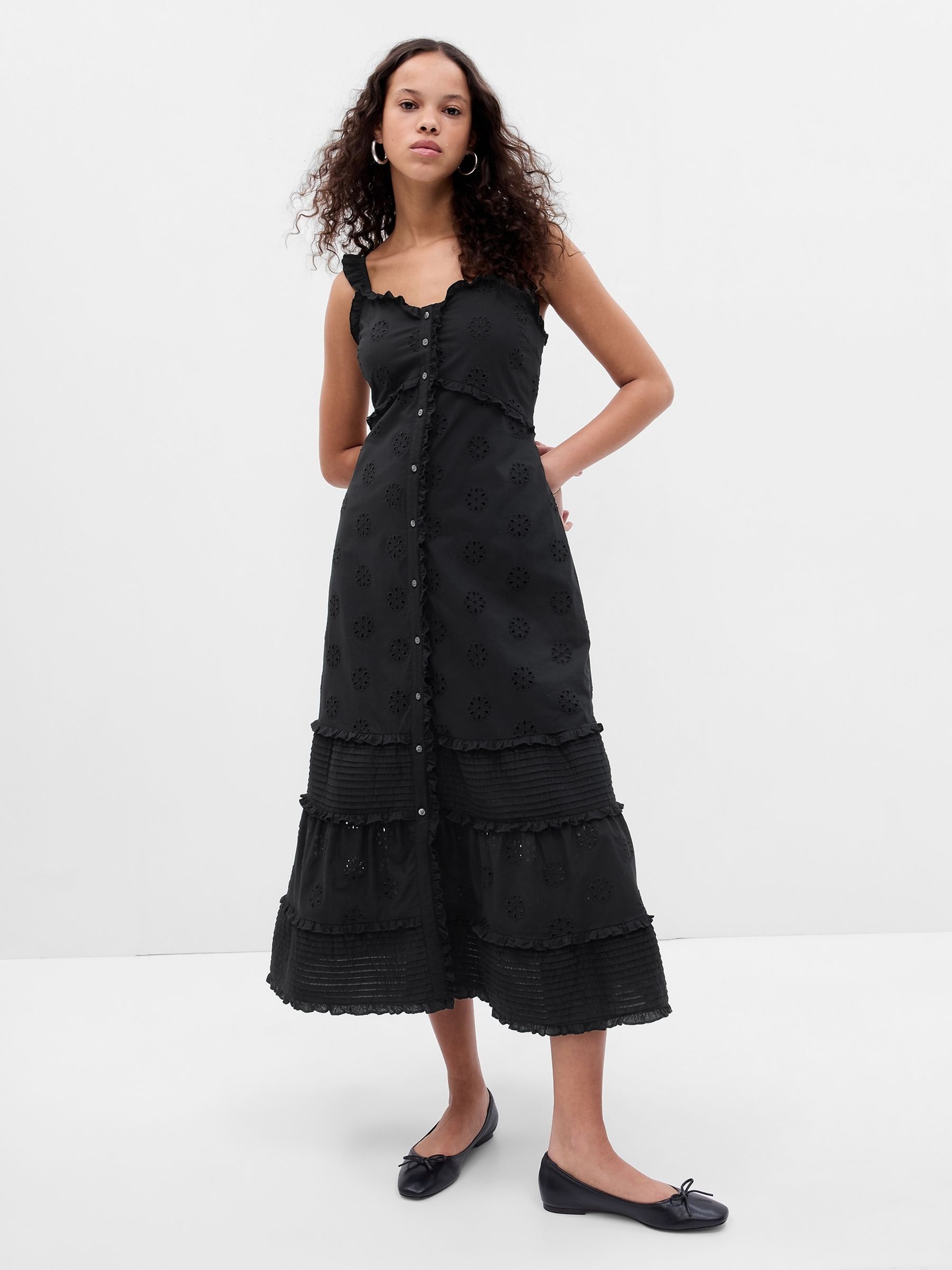 Black Ruffle Hem Eyelet Slit Midi Dress - Image 1 of 2