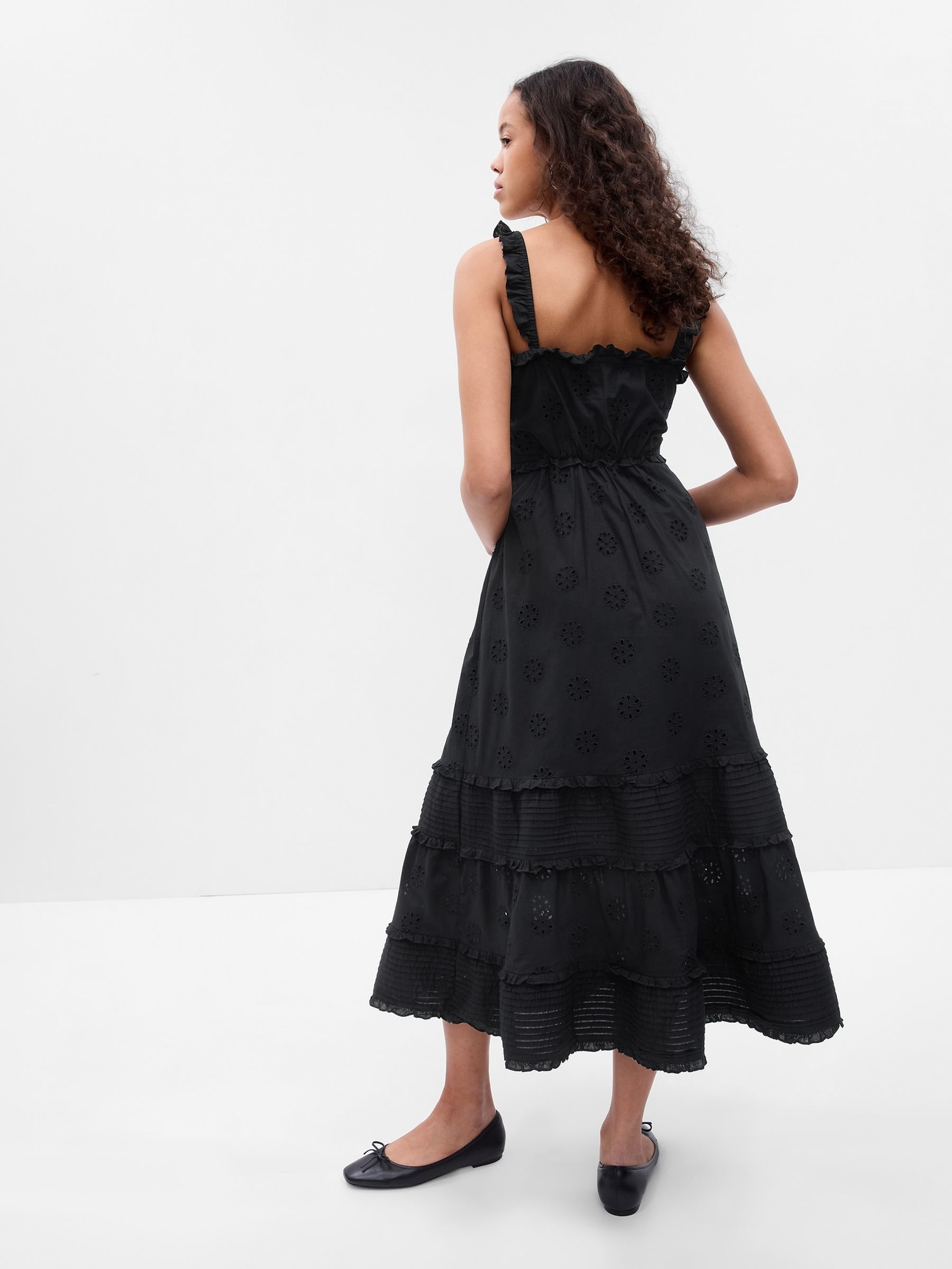 Black Ruffle Hem Eyelet Slit Midi Dress - Image 2 of 2