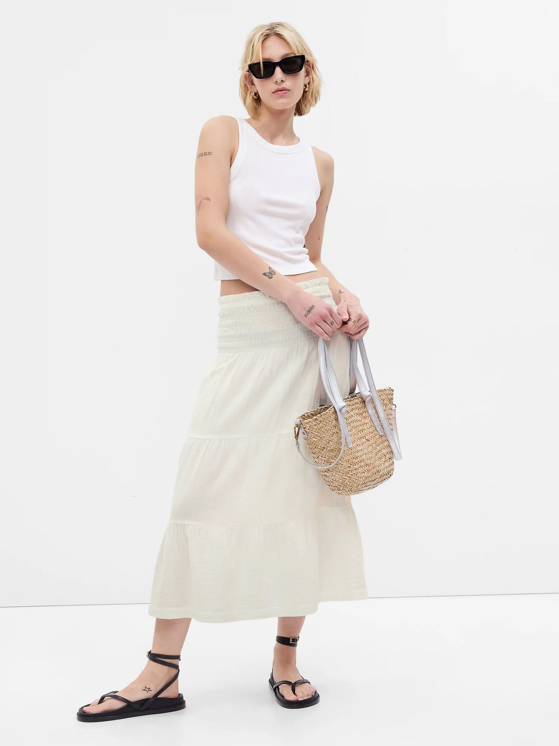 White Smocked Tiered Midi Skirt - Image 1 of 3