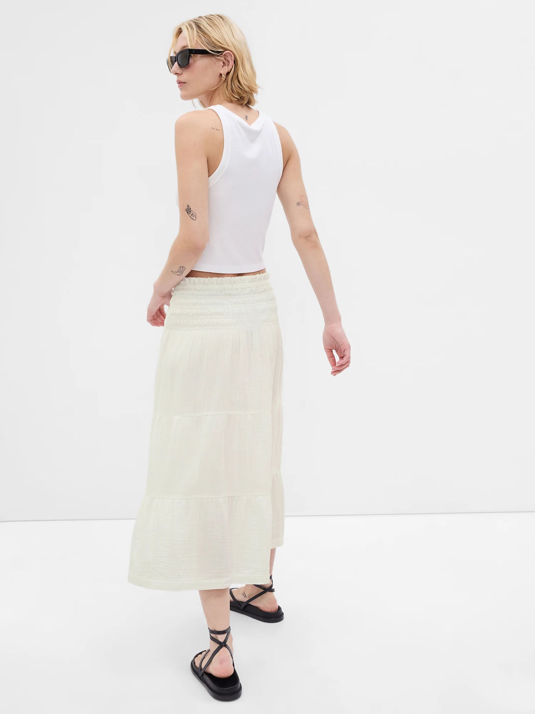 White Smocked Tiered Midi Skirt - Image 2 of 3