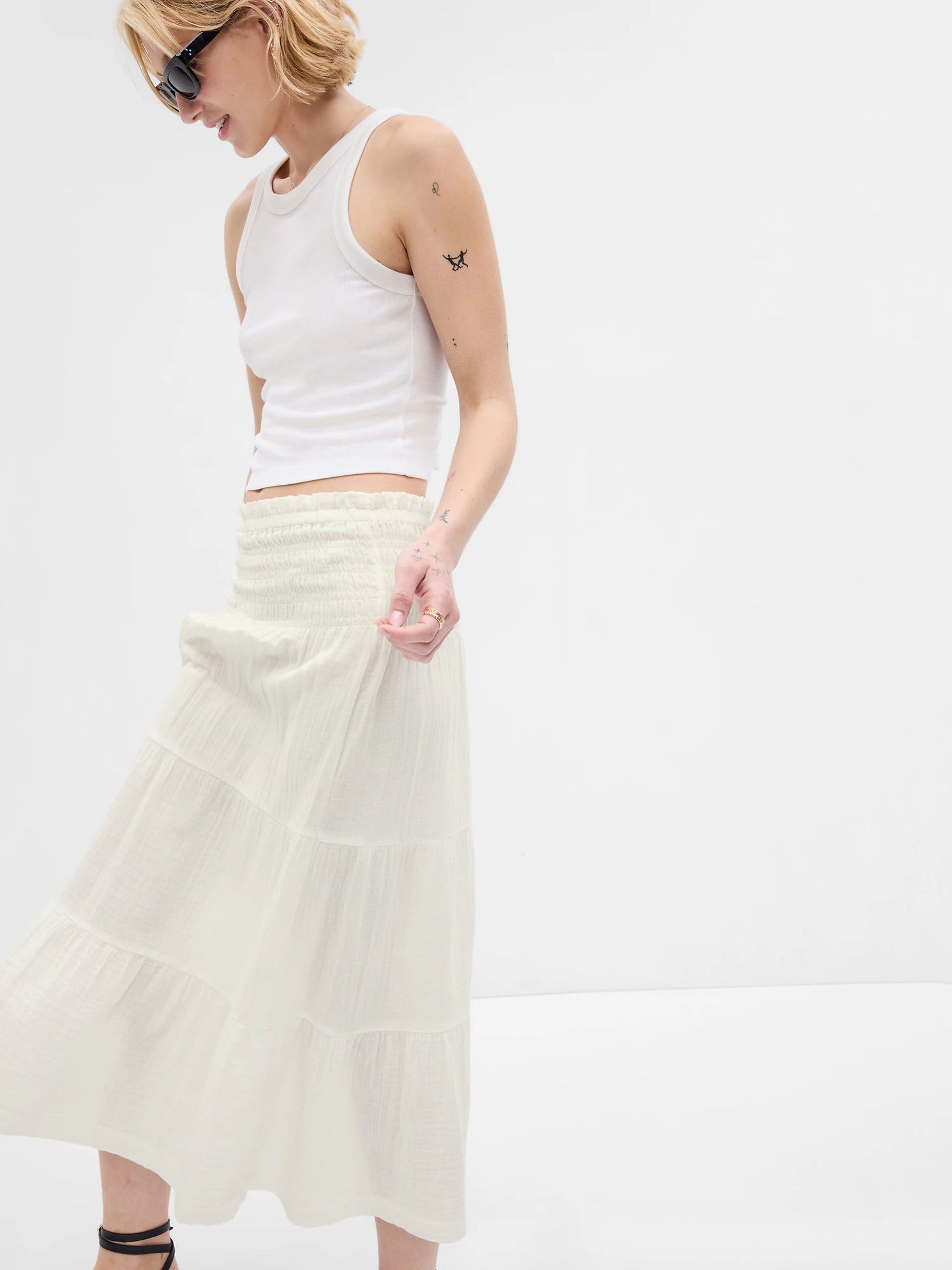 White Smocked Tiered Midi Skirt - Image 3 of 3