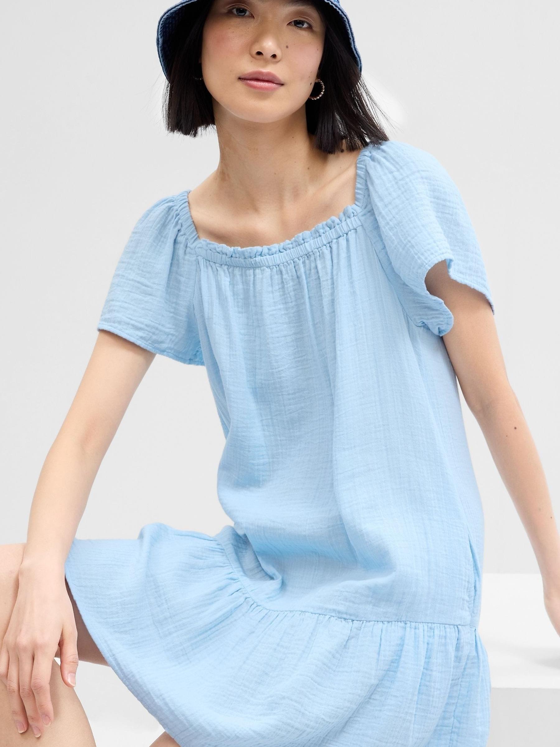 Light Blue Gauze Squareneck Mini Dress - Image 1 of 2