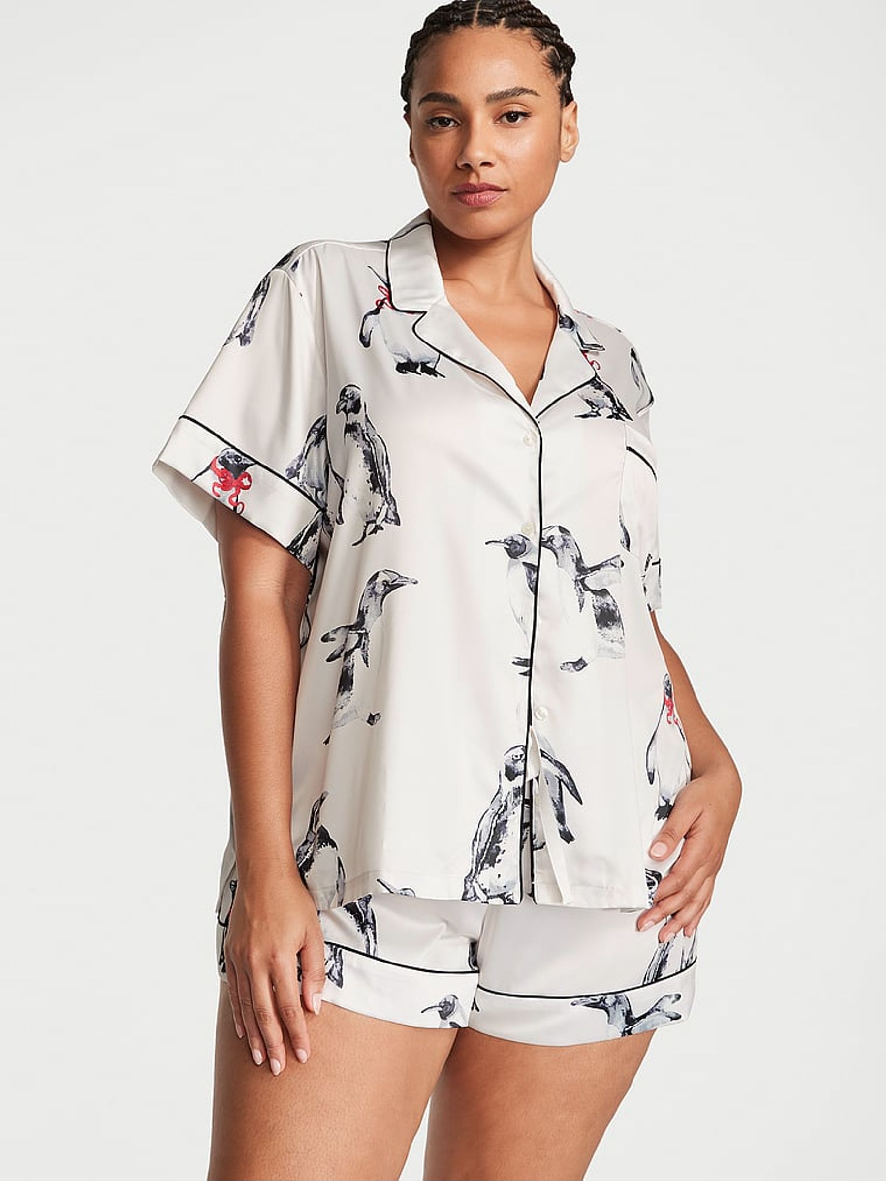 Coconut White Penguins Satin Short Pyjamas - Image 1 of 2