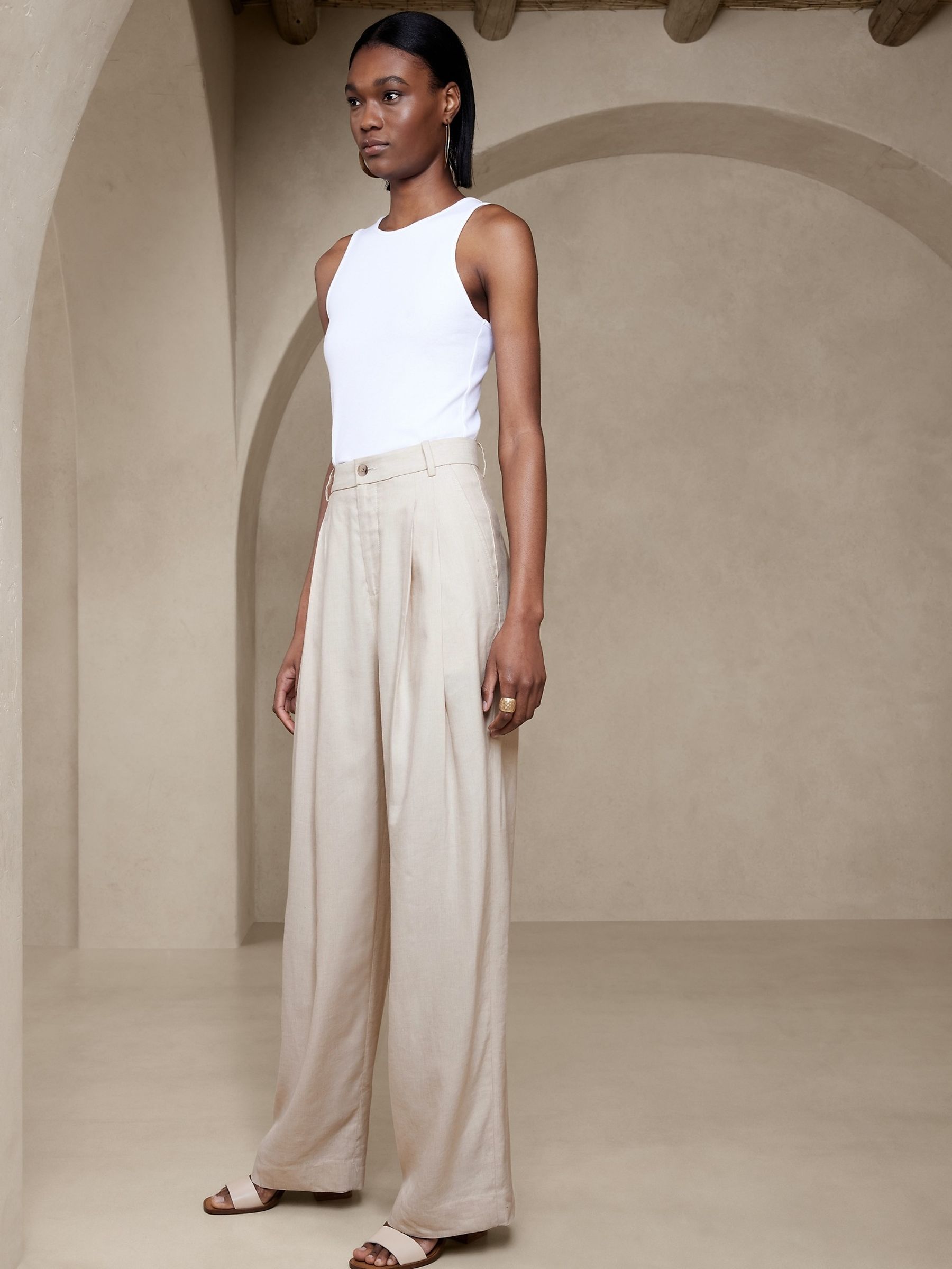 Banana Republic Cream Lena Wide-Leg Linen-Blend Trousers - Image 3 of 4