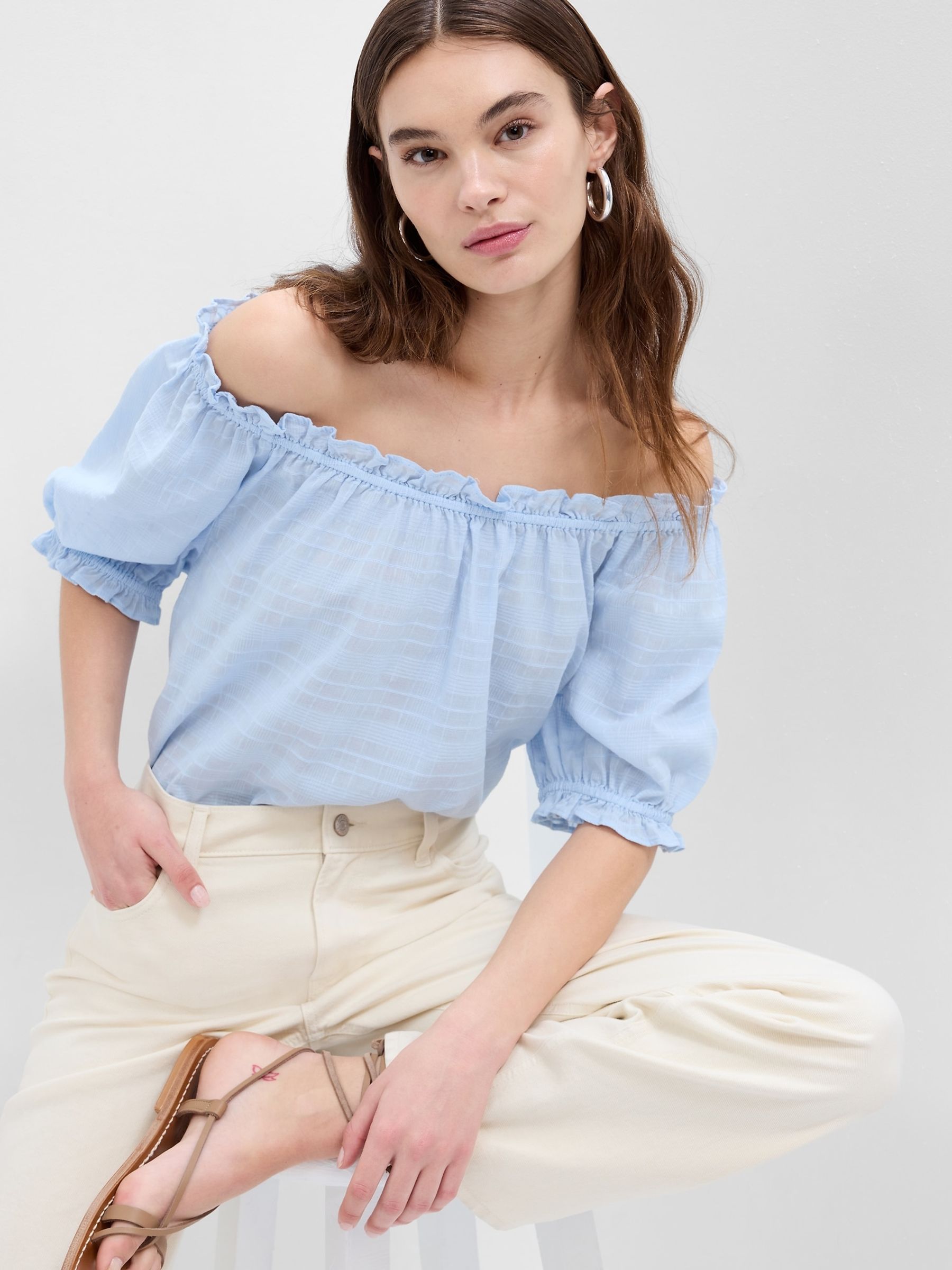 Blue Relaxed Boatneck Puff Sleeve Top - Image 1 of 1