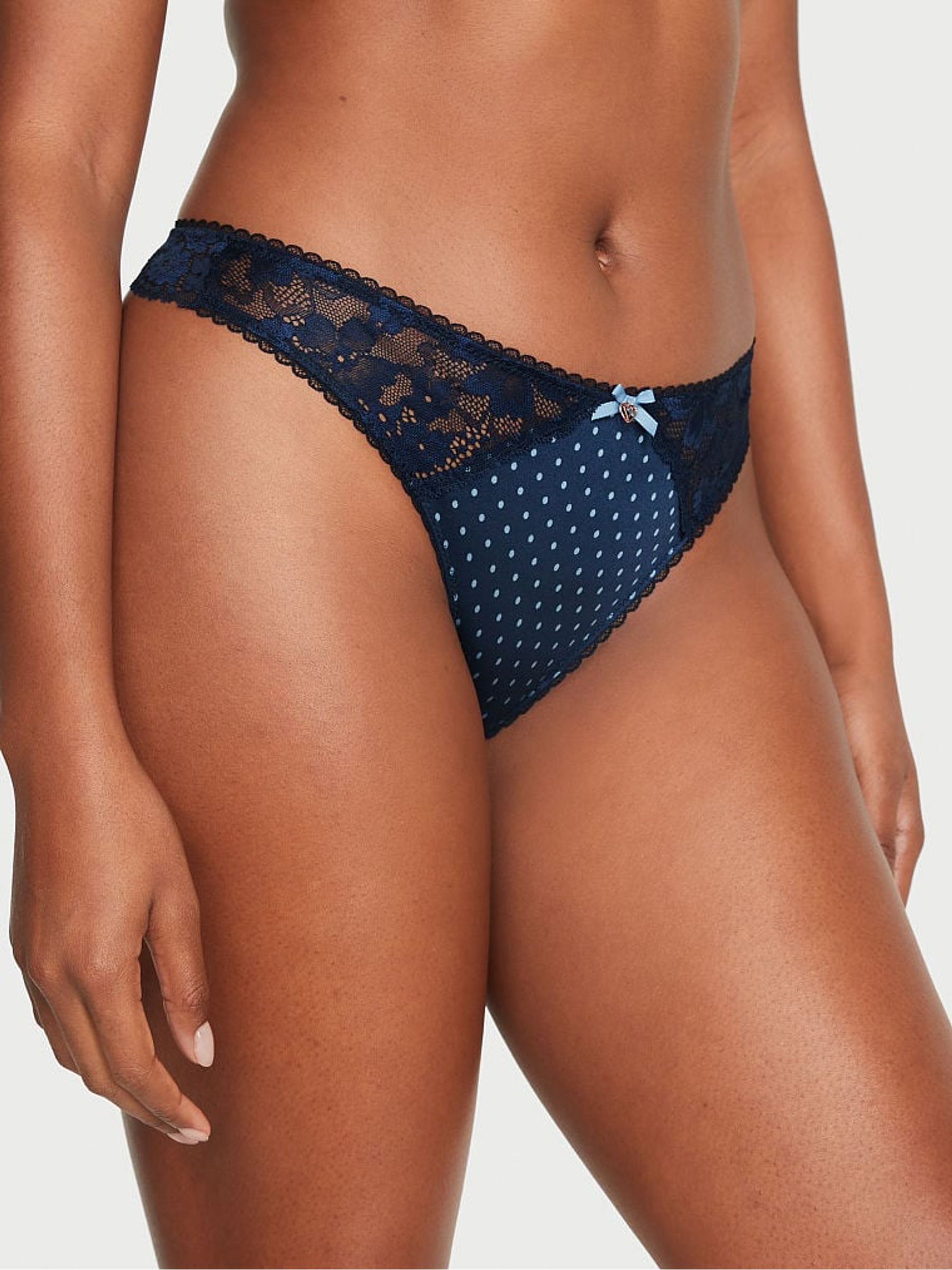 Noir Navy Blue Dot Print Smooth Thong Knickers - Image 1 of 4