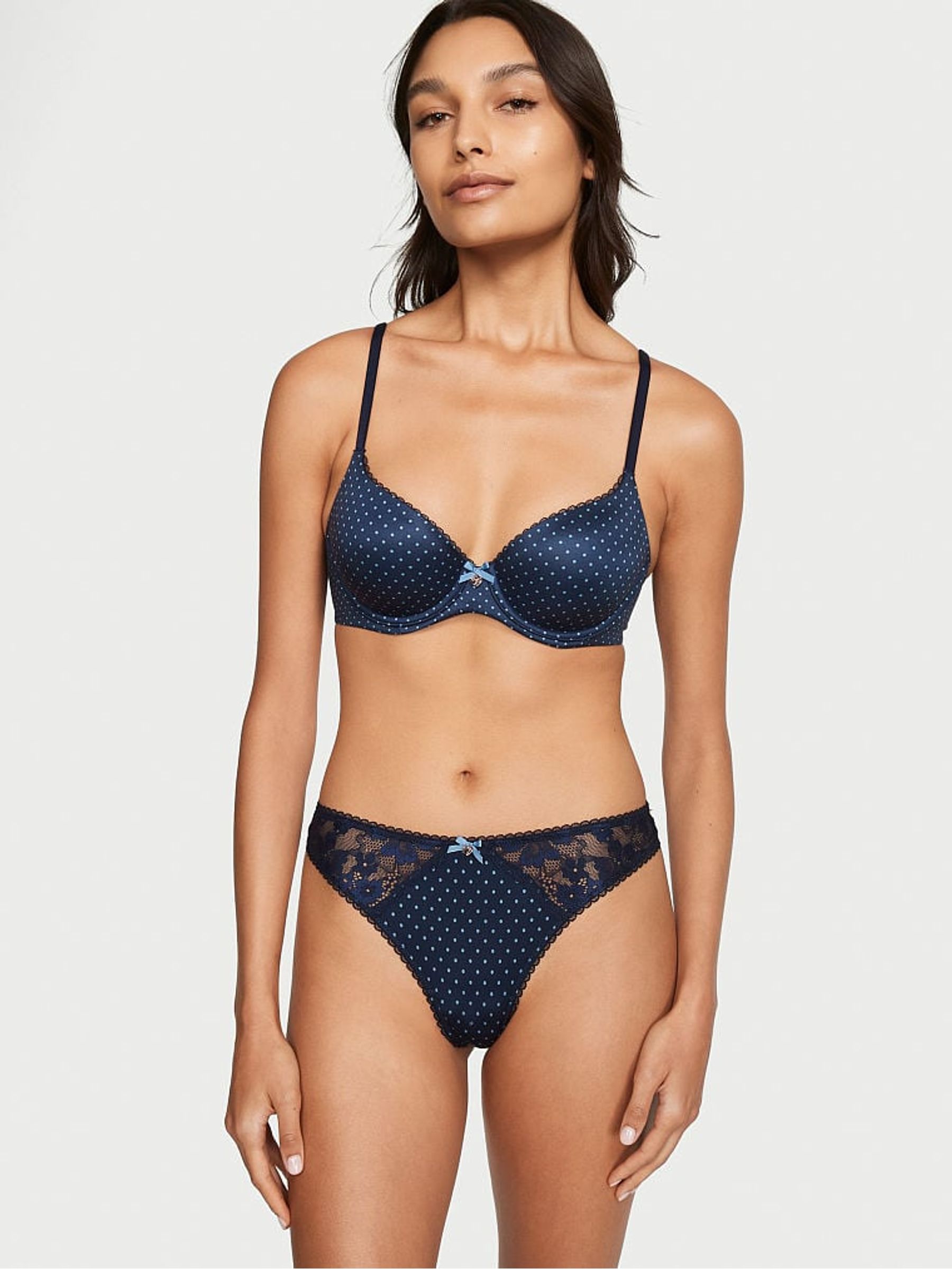 Noir Navy Blue Dot Print Smooth Thong Knickers - Image 3 of 4
