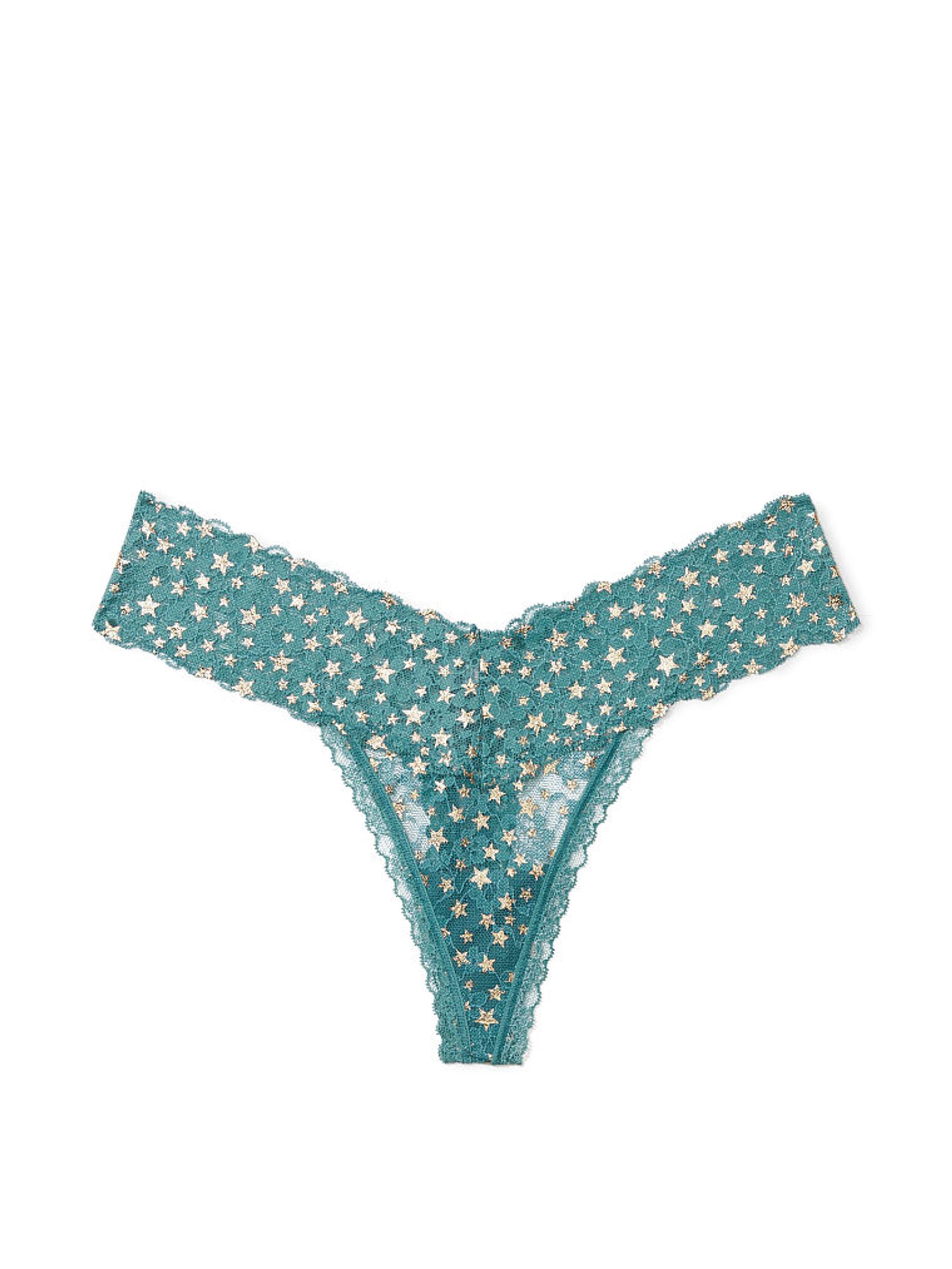 French Sage Green Twinkling Stars Foil Print Thong Lace Knickers - Image 1 of 1