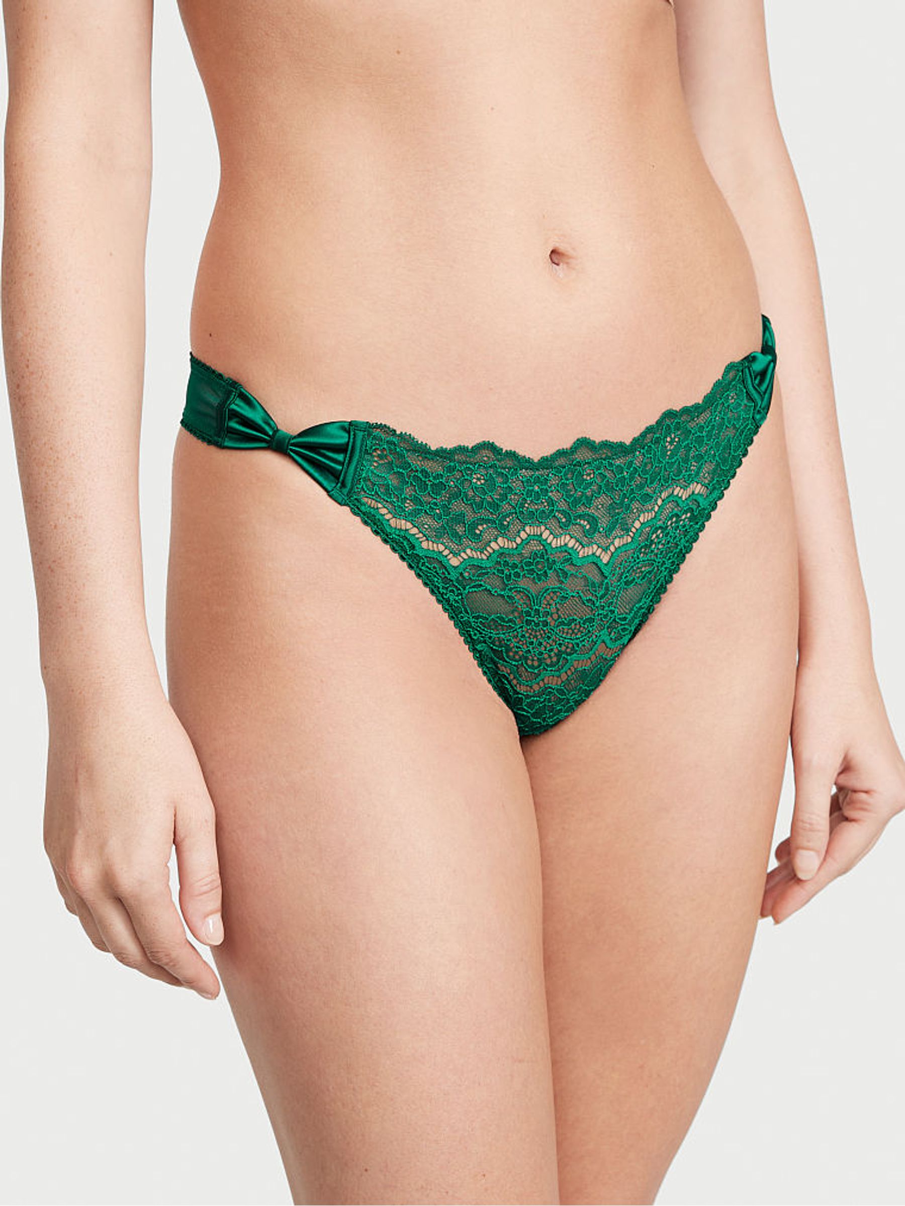 Spruce Green Satin Bow Lace Thong Knickers - Image 1 of 3