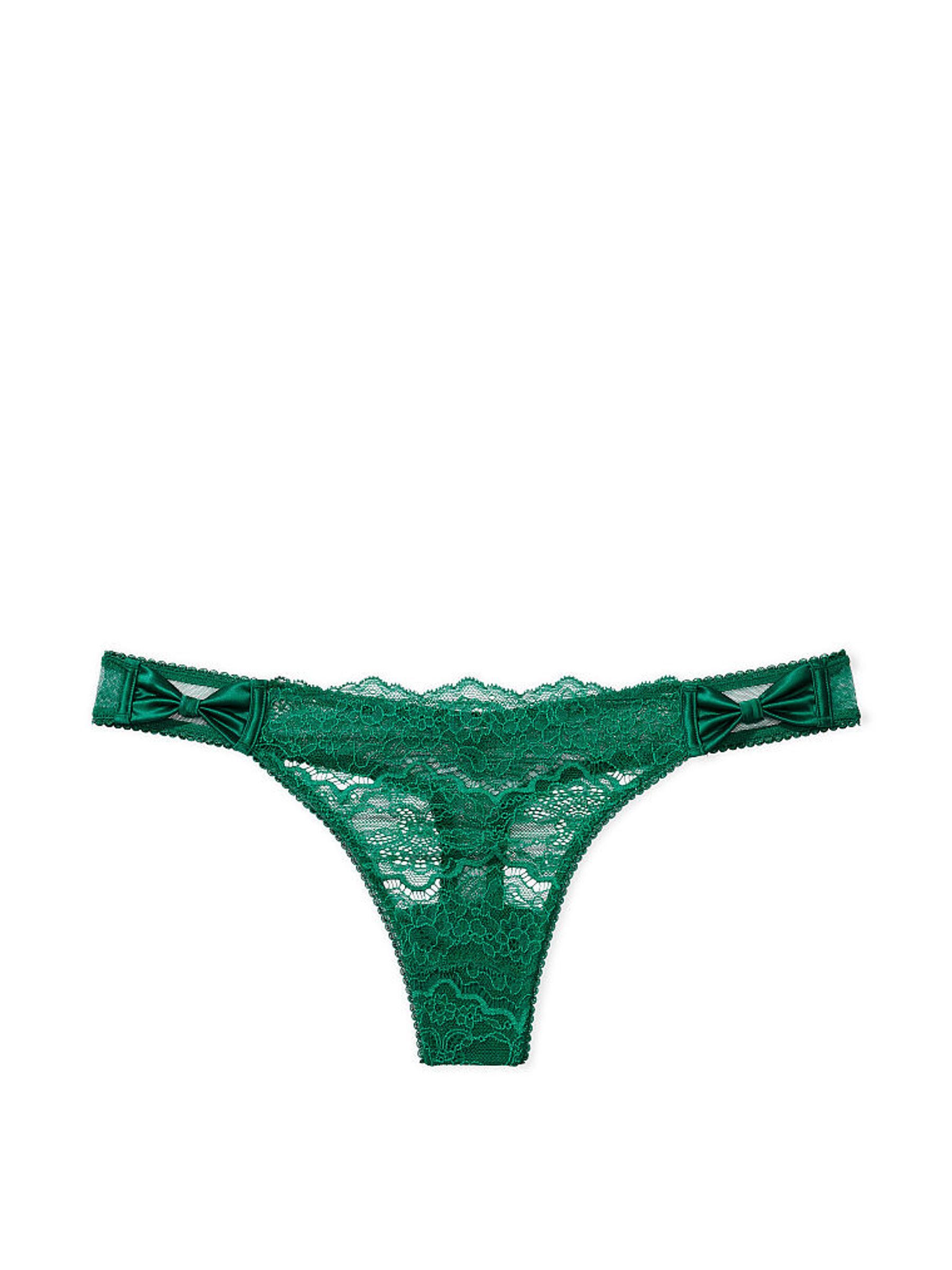 Spruce Green Satin Bow Lace Thong Knickers - Image 3 of 3
