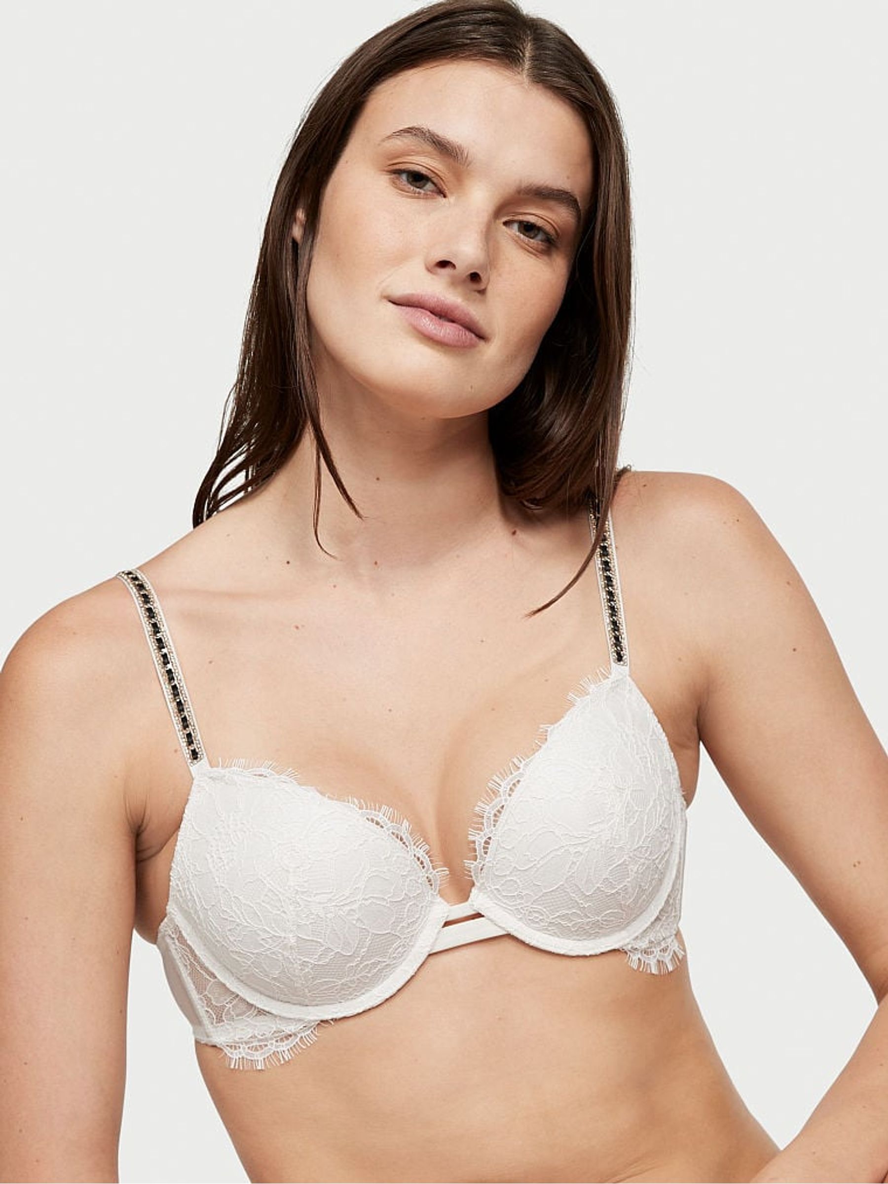 Coconut White Lace Skinny Chain Shine Strap Push Up Bra - Image 1 of 3