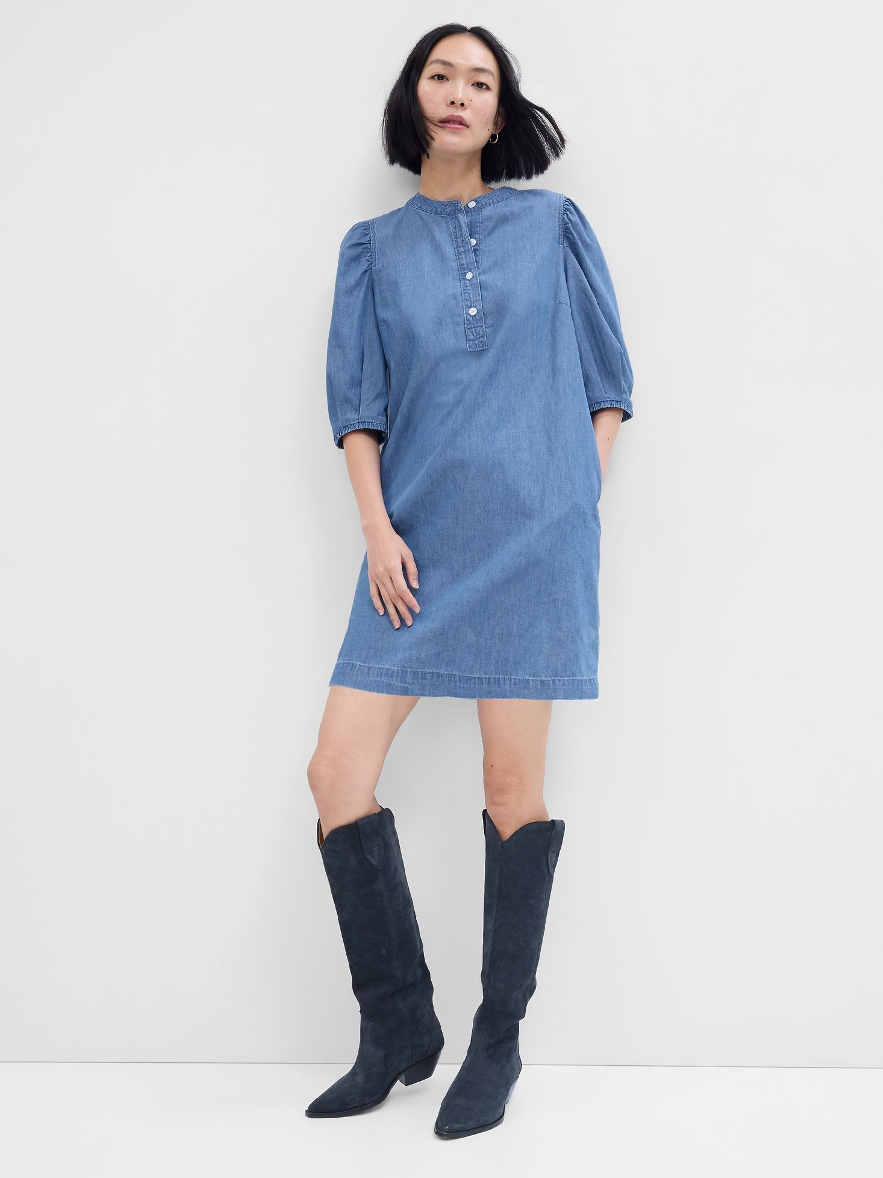 Blue Puff Mid Sleeve Denim Mini Dress - Image 1 of 3