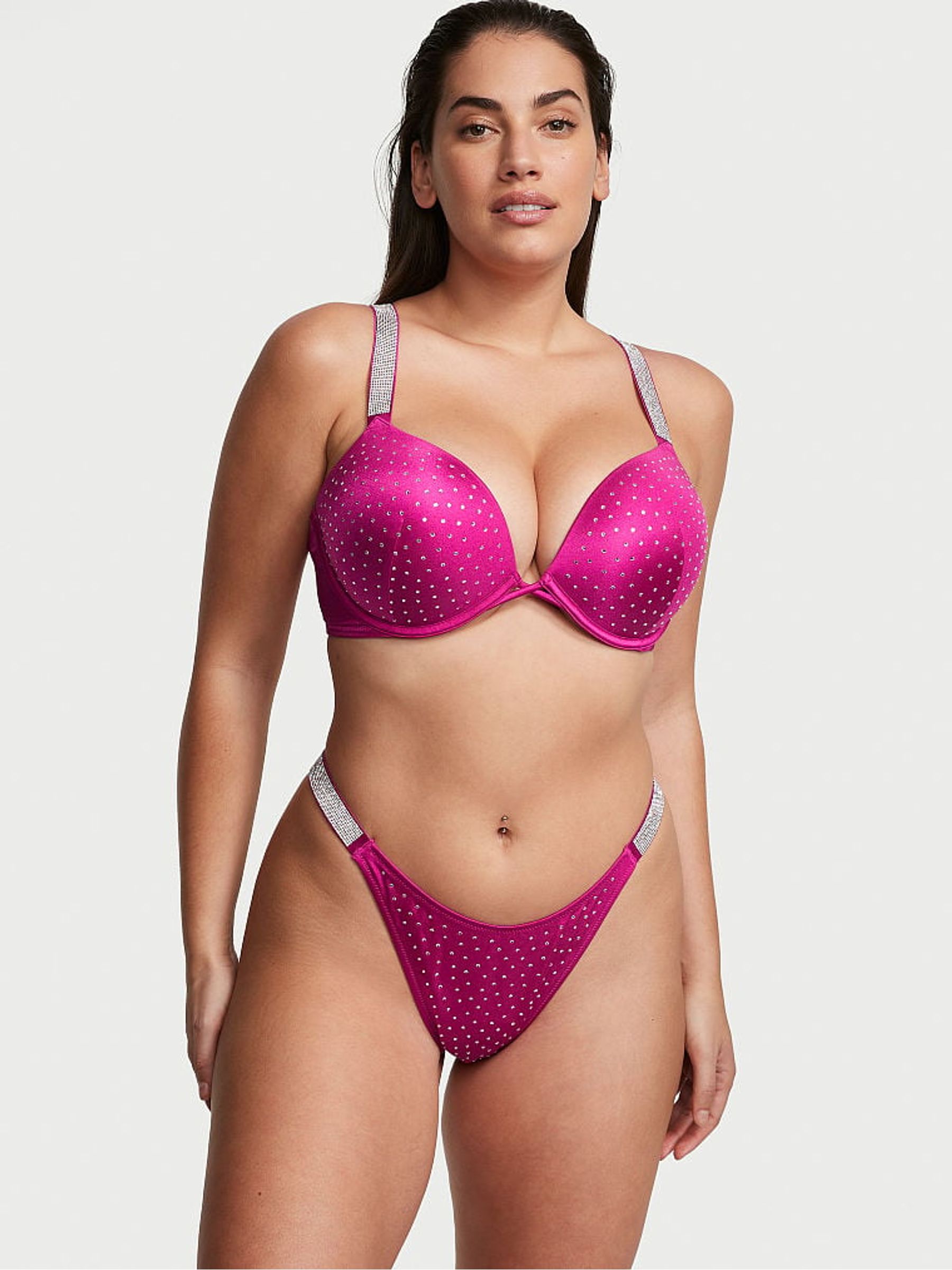 Berry Blush Pink Thong Shine Strap Swim Bikini Bottom - Image 1 of 3