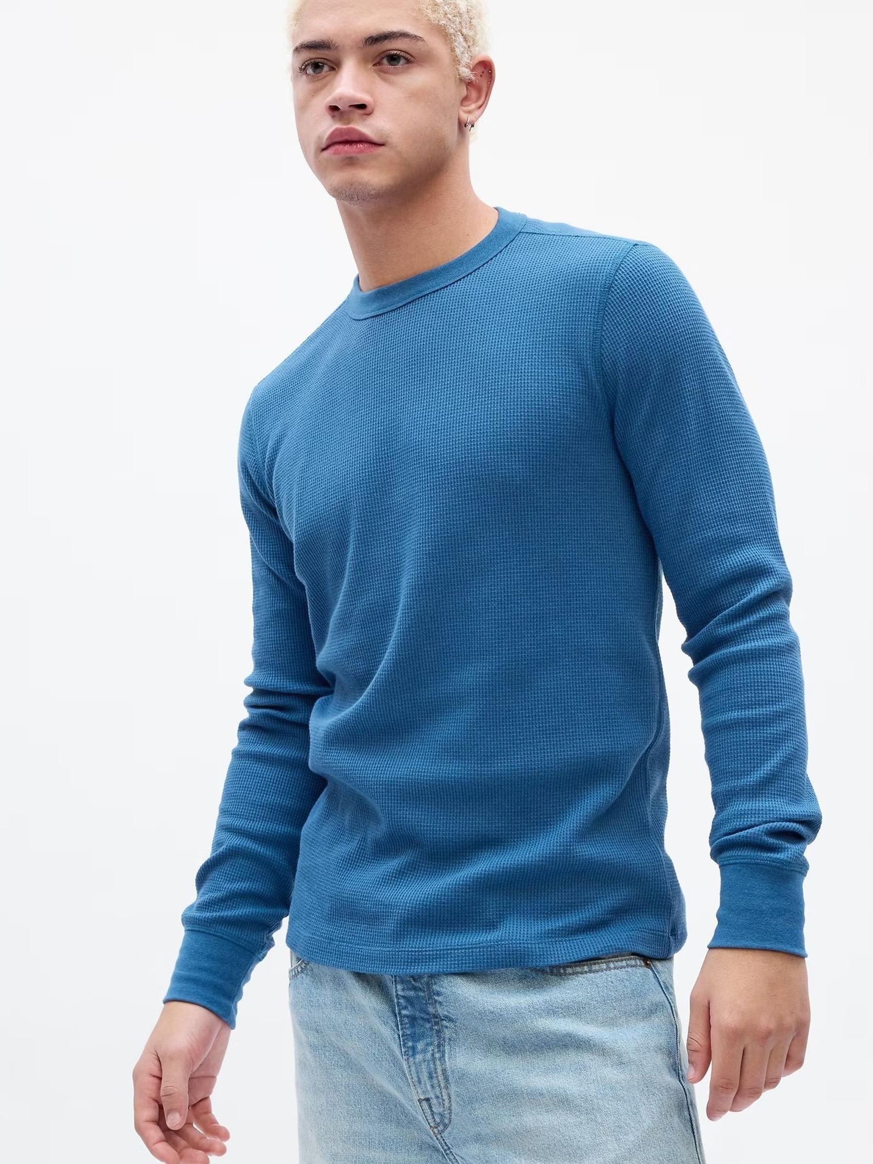 Blue Waffle Knit Crew Neck Long Sleeve T-Shirt - Image 1 of 1