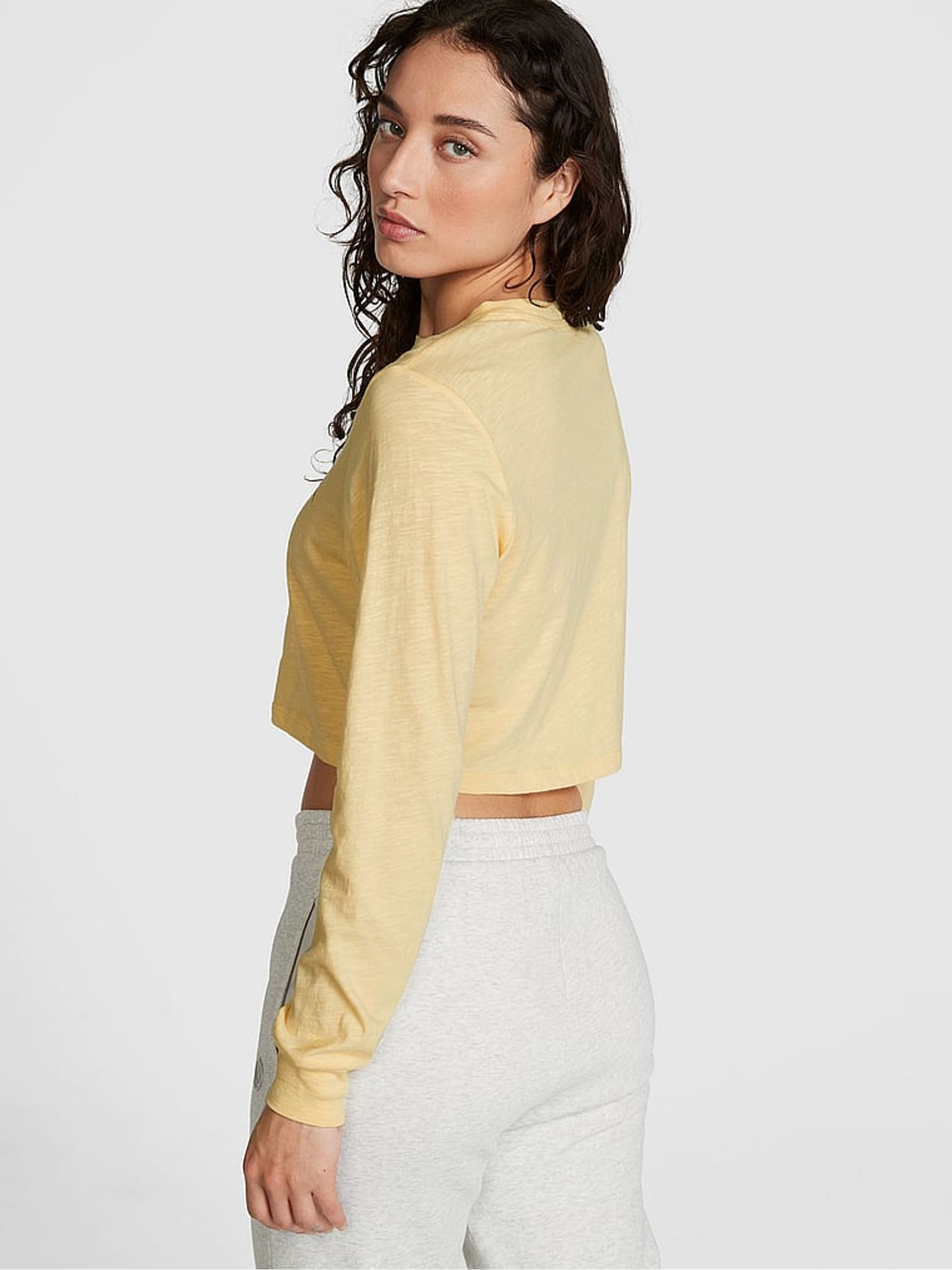 Honeysuckle Yellow Cotton Slub Cropped Boxy Long Sleeve T-Shirt - Image 2 of 3