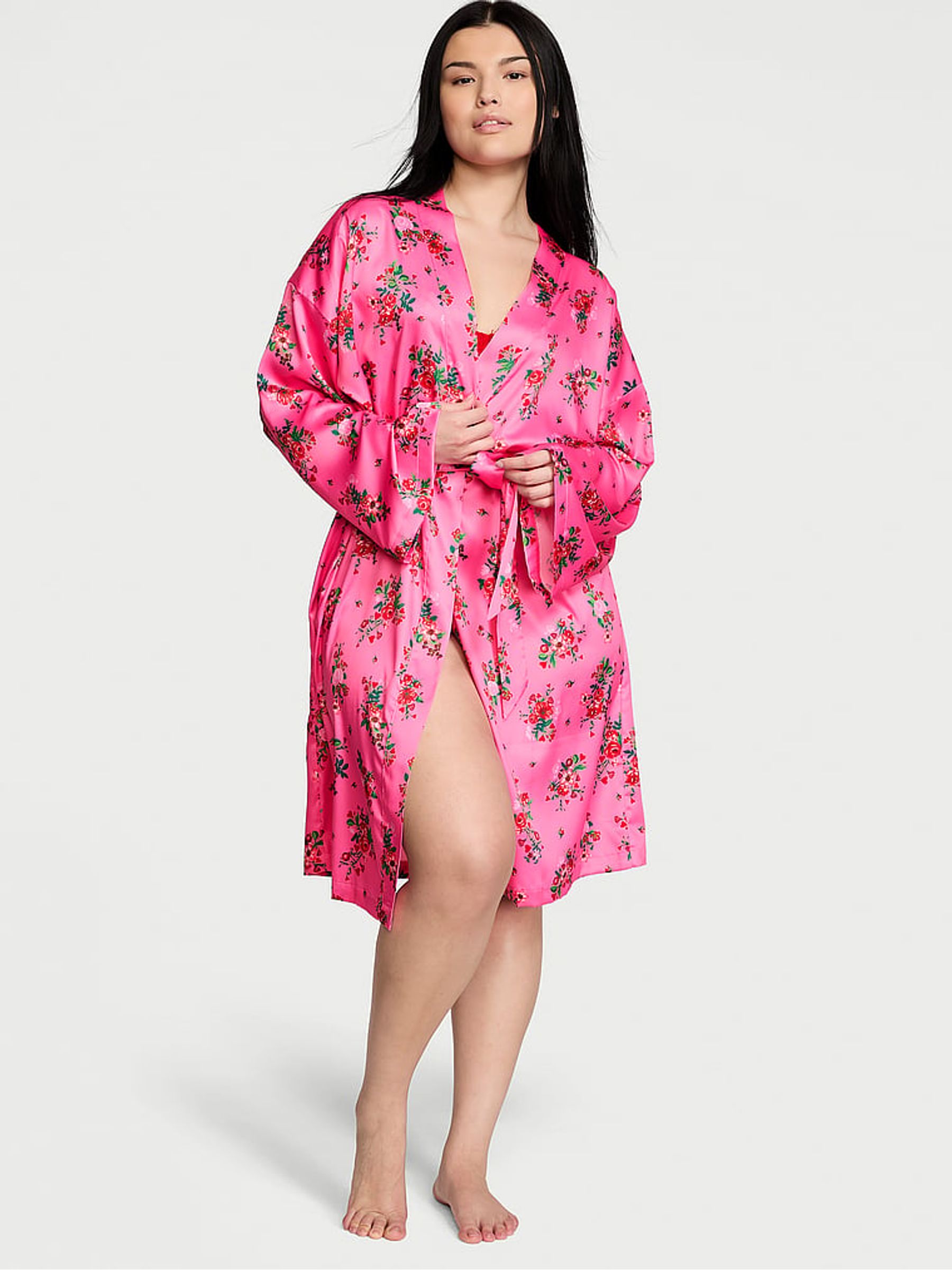 Lovely Bouquet Pink Satin Midi Robe - Image 1 of 3