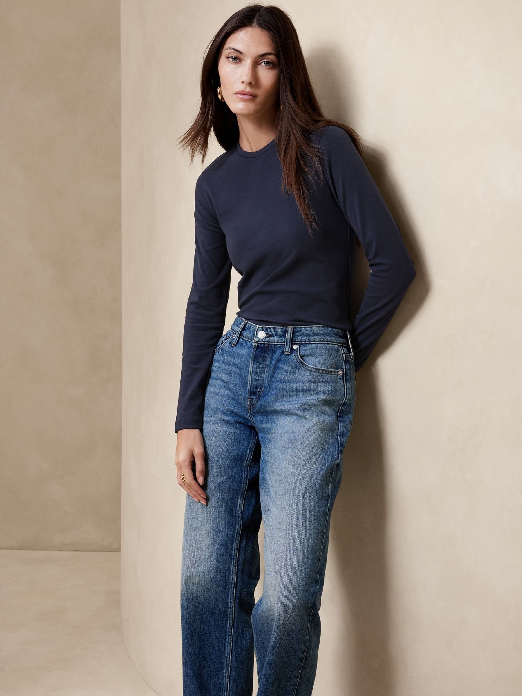 Banana Republic Navy Refined Crew Neck Long Sleeve Top - Image 1 of 4