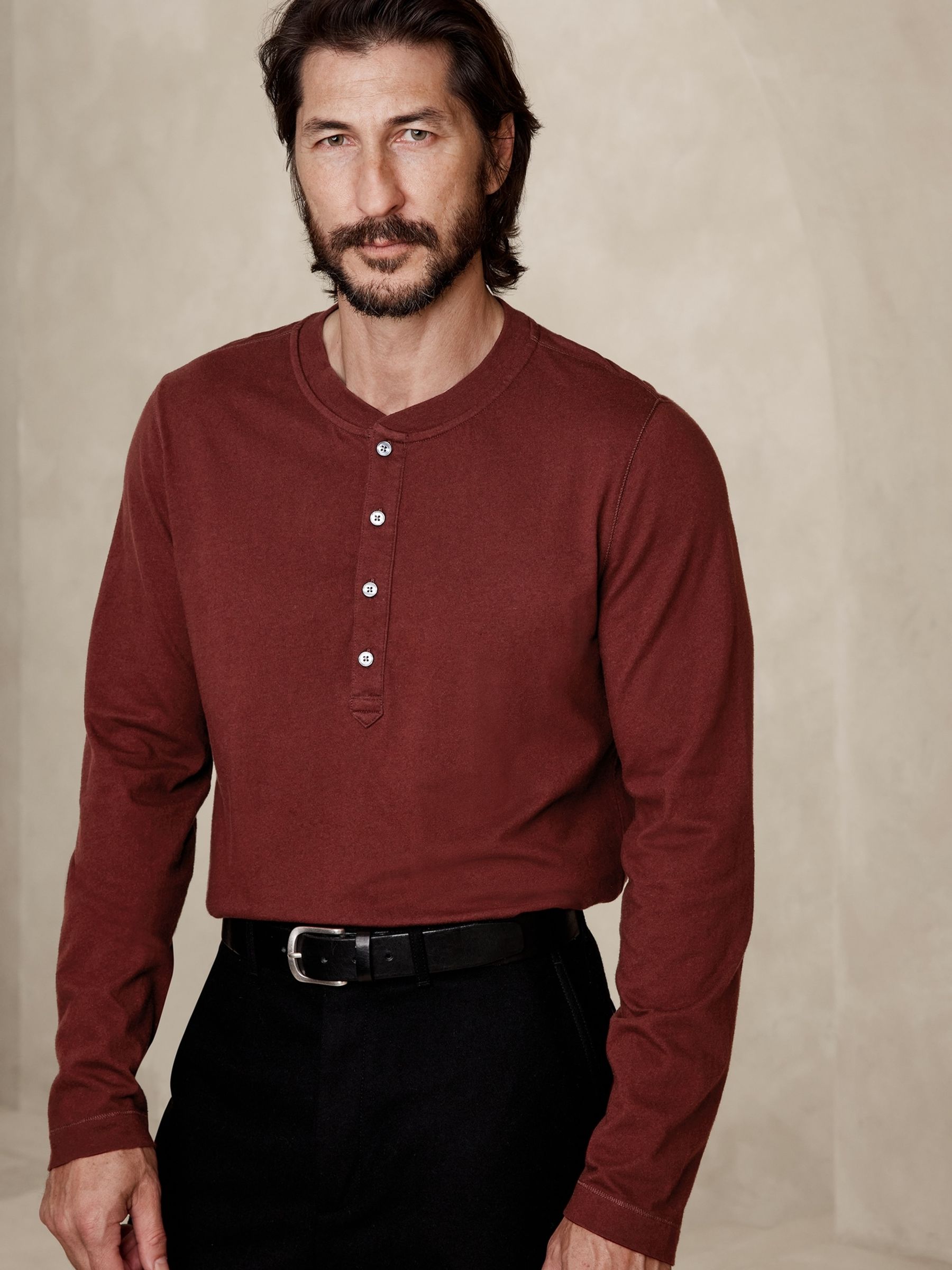 Banana Republic Red Soft Wash Henley Long Sleeve T-Shirt - Image 1 of 2