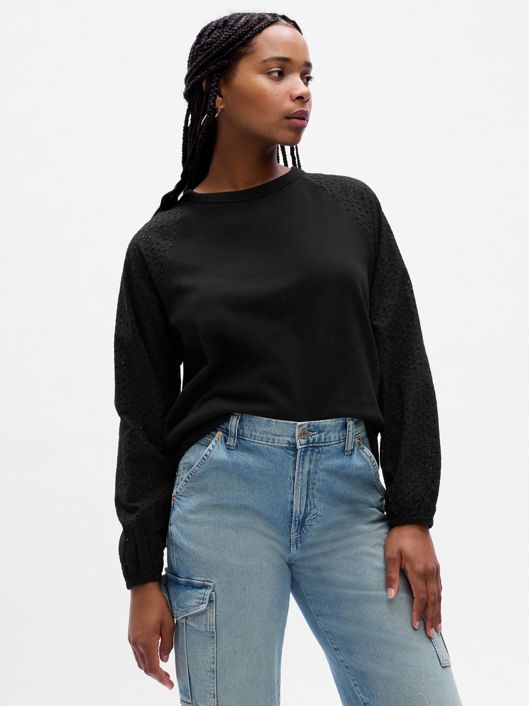 Black Relaxed Eyelet Crew Neck Long Sleeve Sweatshirt - Image 1 of 2