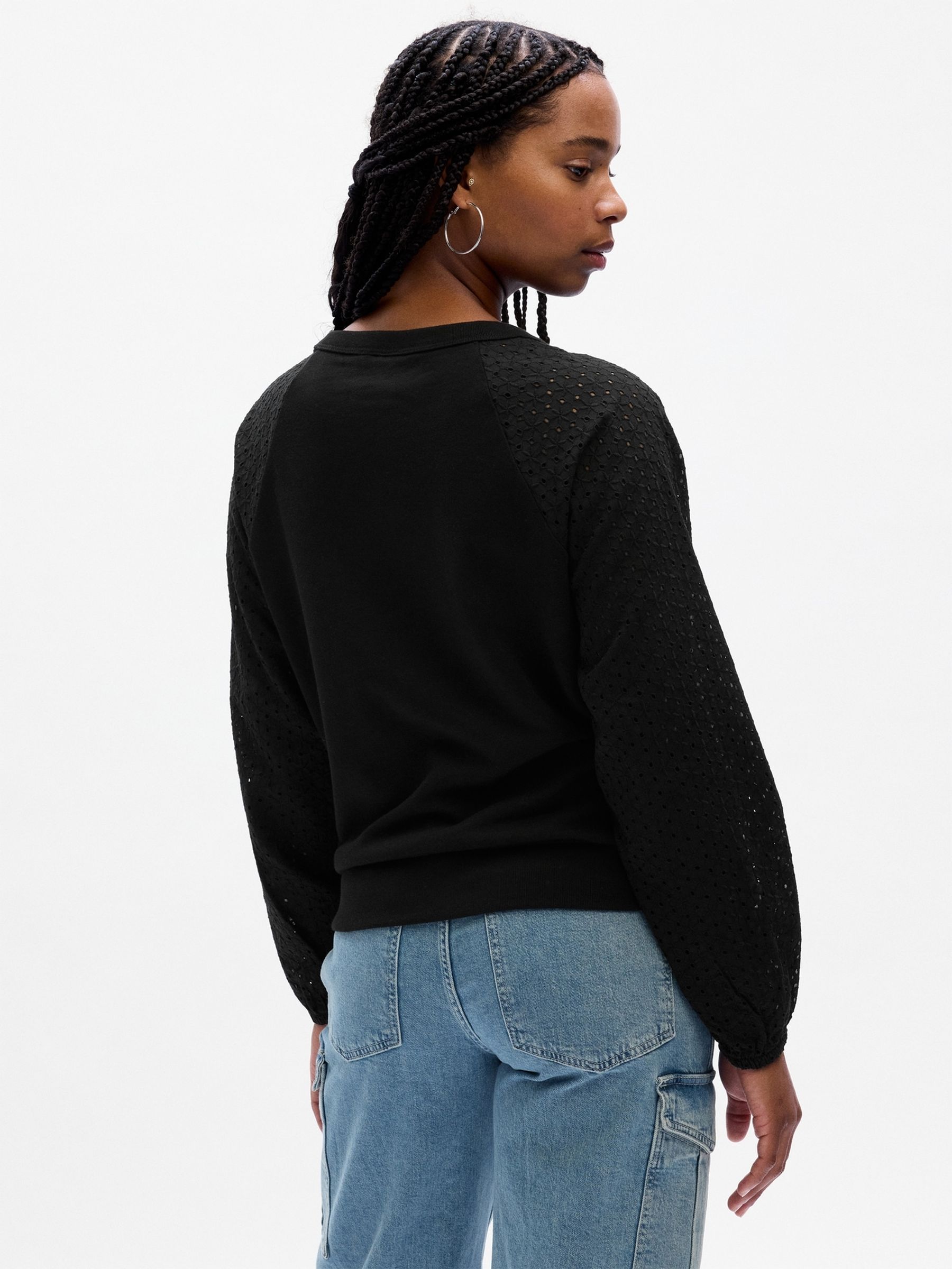Black Relaxed Eyelet Crew Neck Long Sleeve Sweatshirt - Image 2 of 2