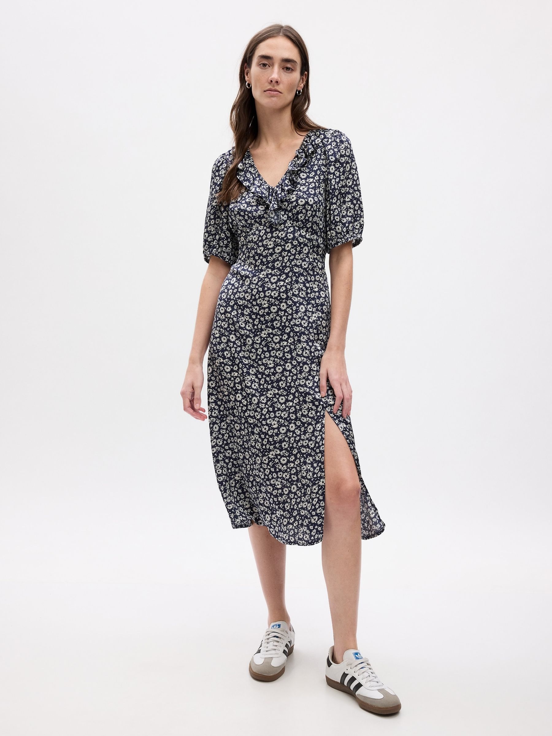 Blue Puff Mid Sleeve Ruffle Midi Dress - Image 1 of 2