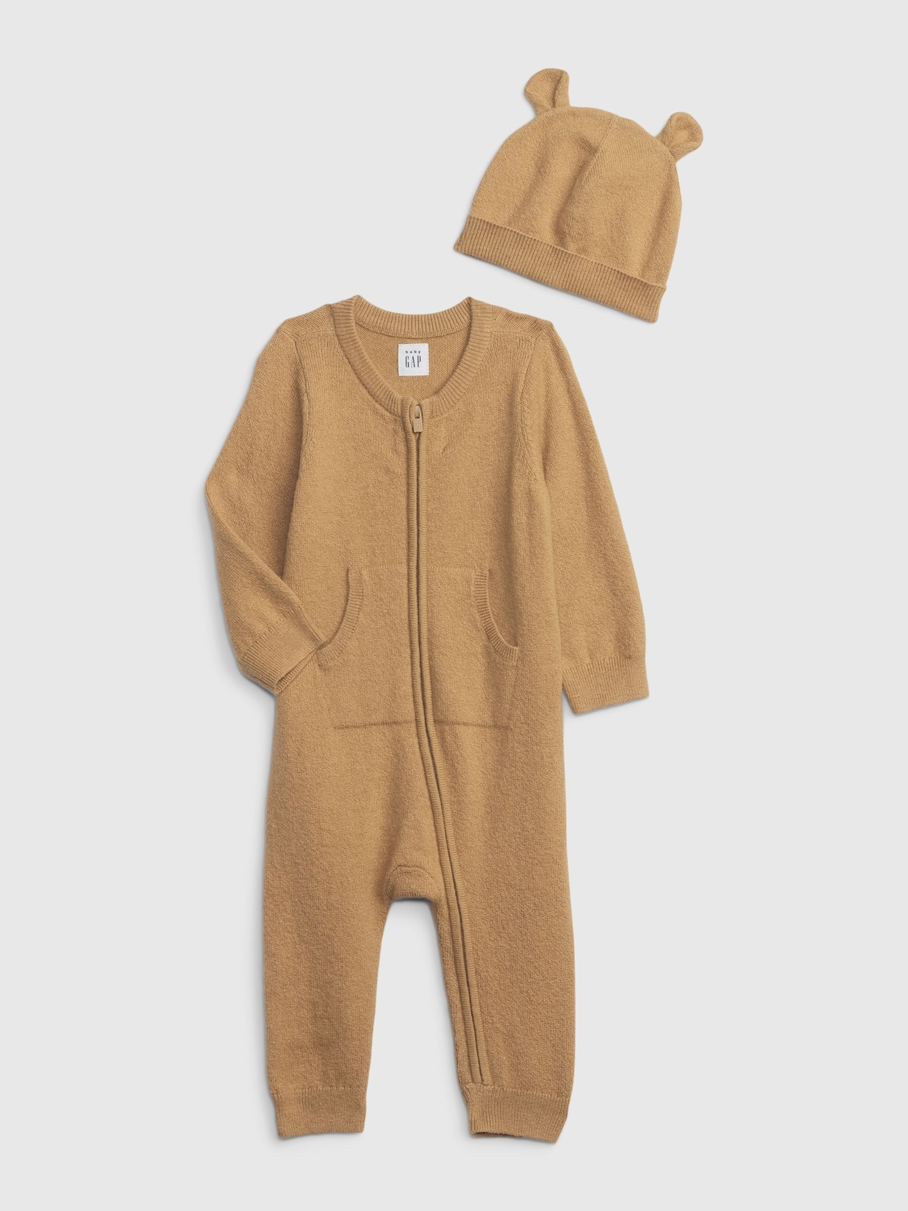 Brown CashSoft Long Sleeve Baby Sleepsuit & Matching Hat - Image 2 of 4