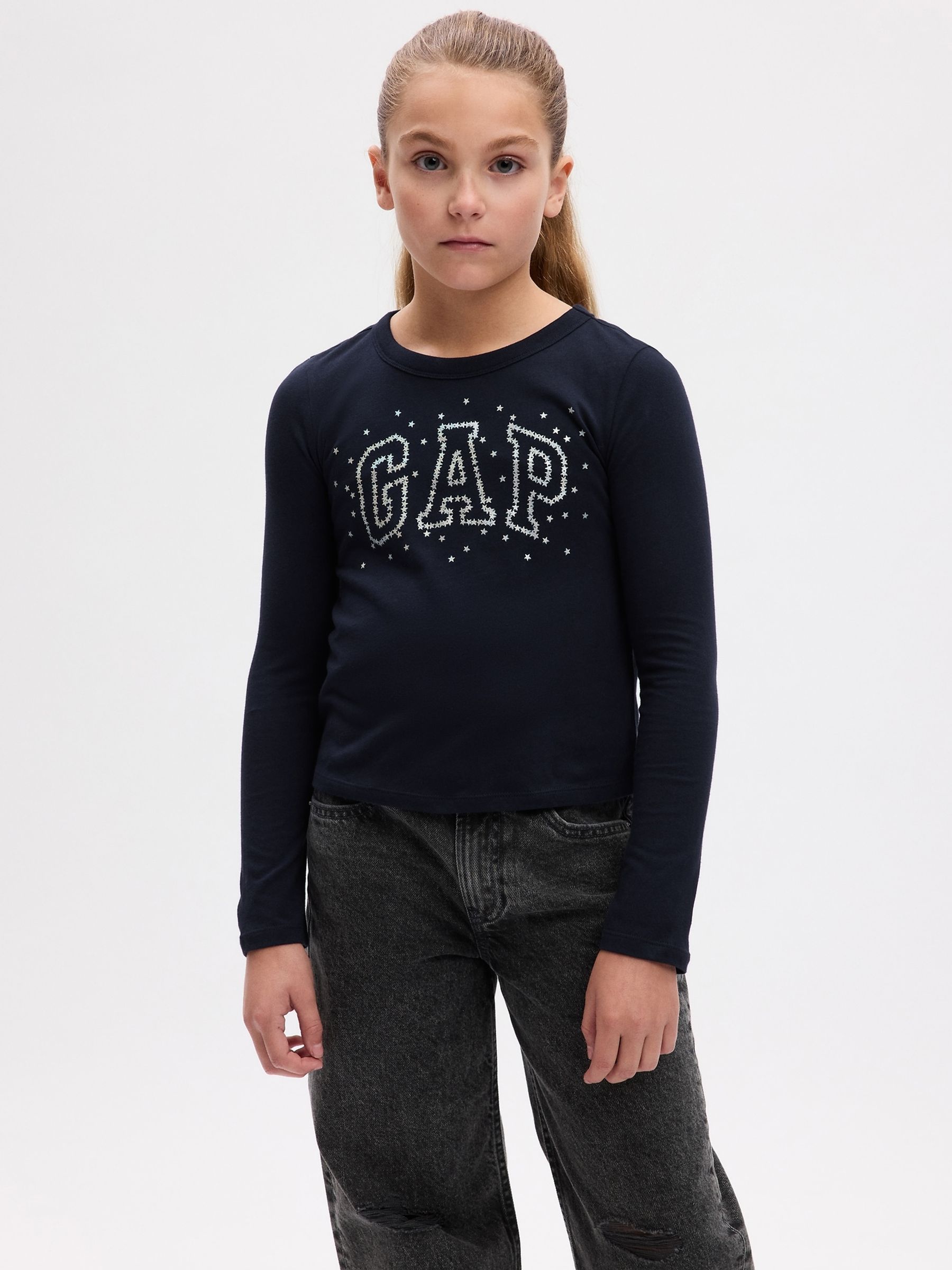 Blue Rhinestone Logo Organic Cotton Crew Neck Long Sleeve T-Shirt (4-13yrs) - Image 1 of 4
