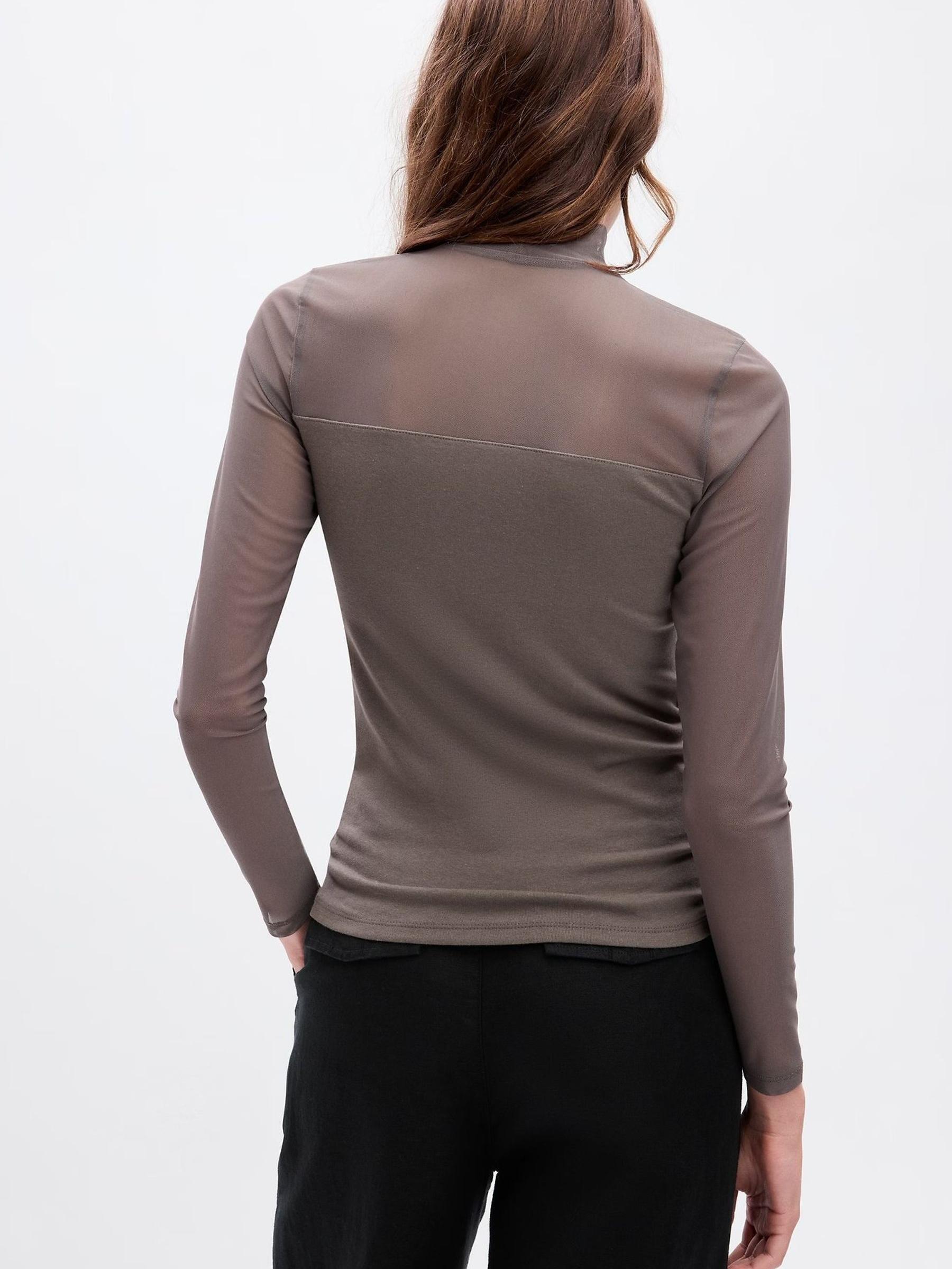 Brown Modern Mock Neck Mesh Long Sleeve T-Shirt - Image 2 of 2