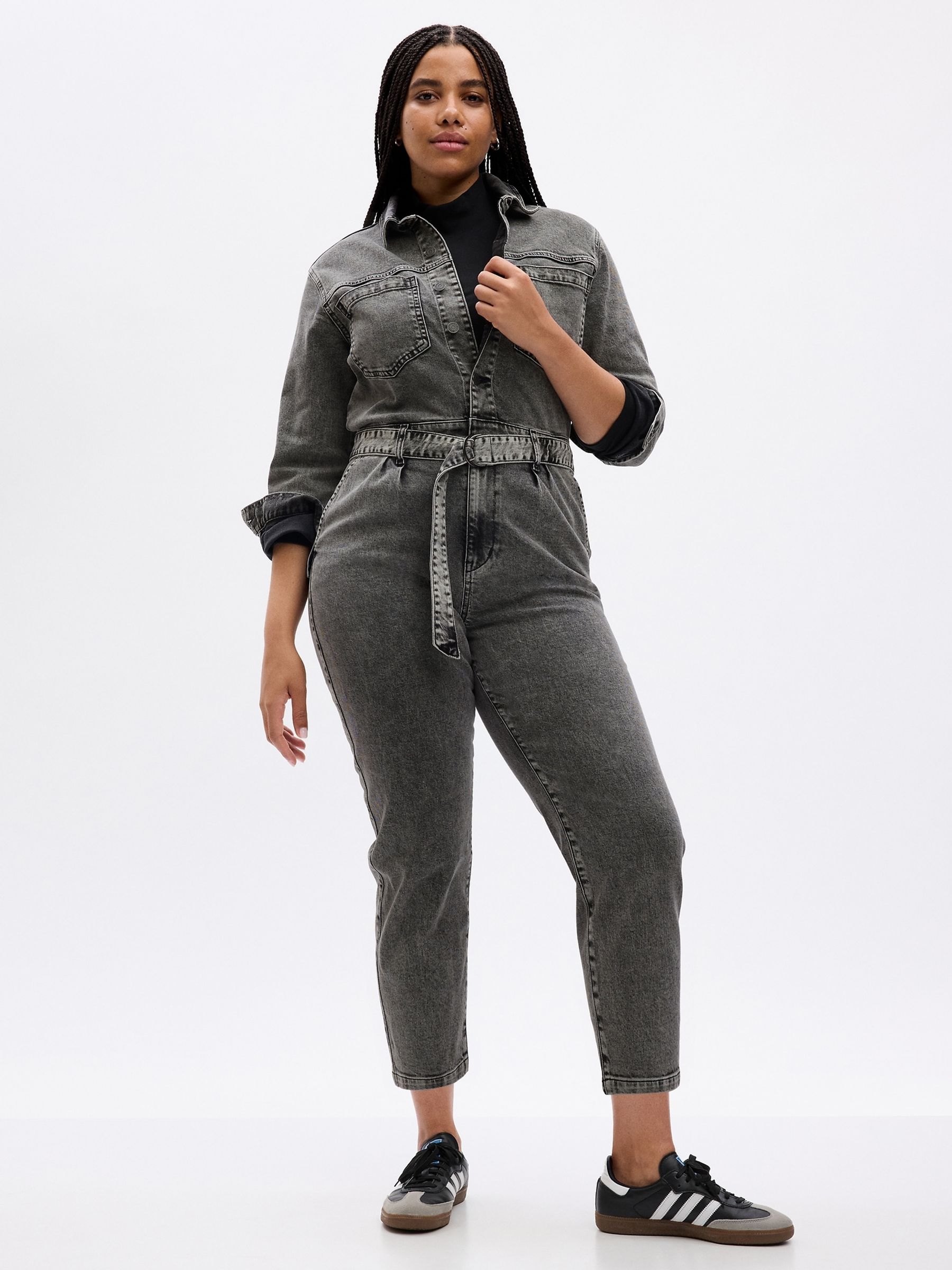 Grey Denim Utility Jumpsuit - Image 1 of 5