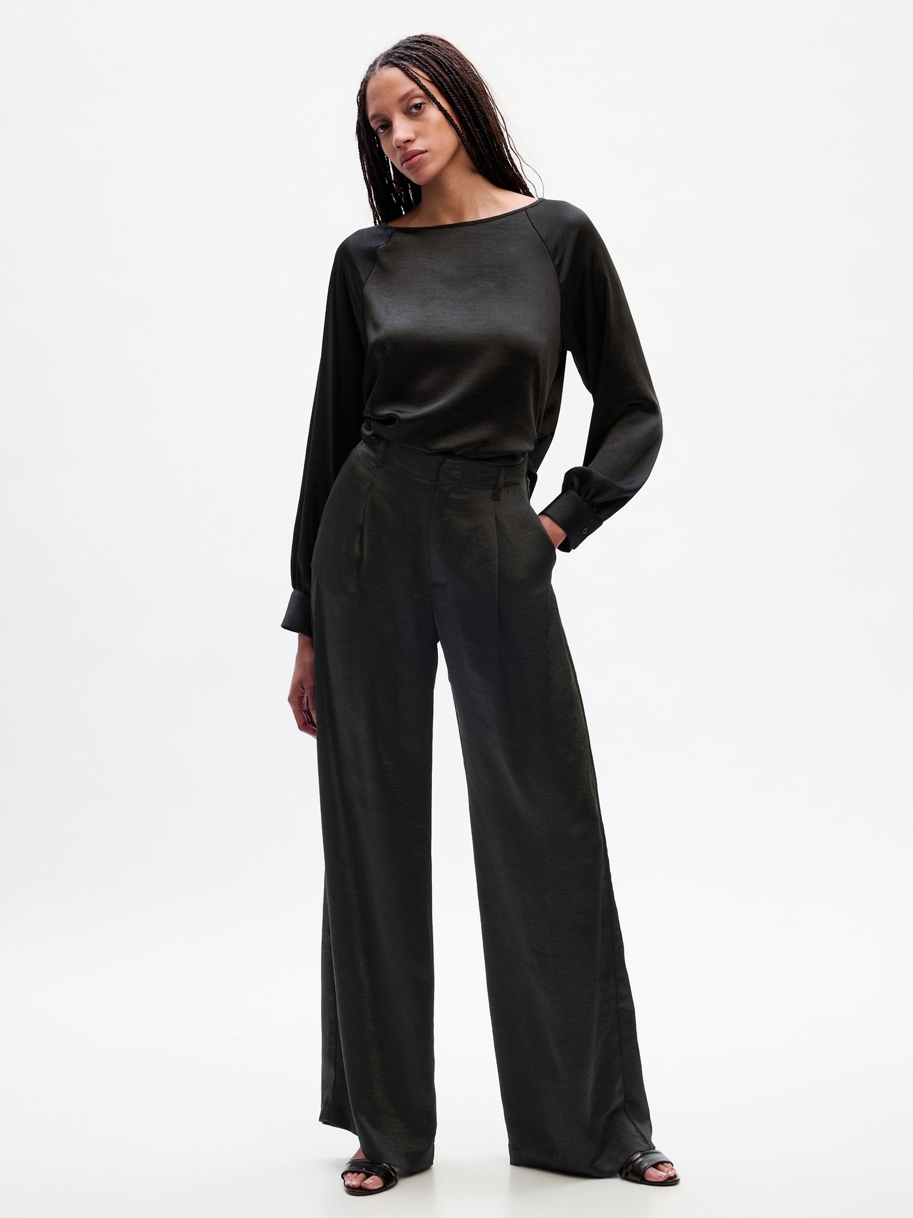 Black High Waisted Pleated Satin Wide Leg Trousers - Image 1 of 5