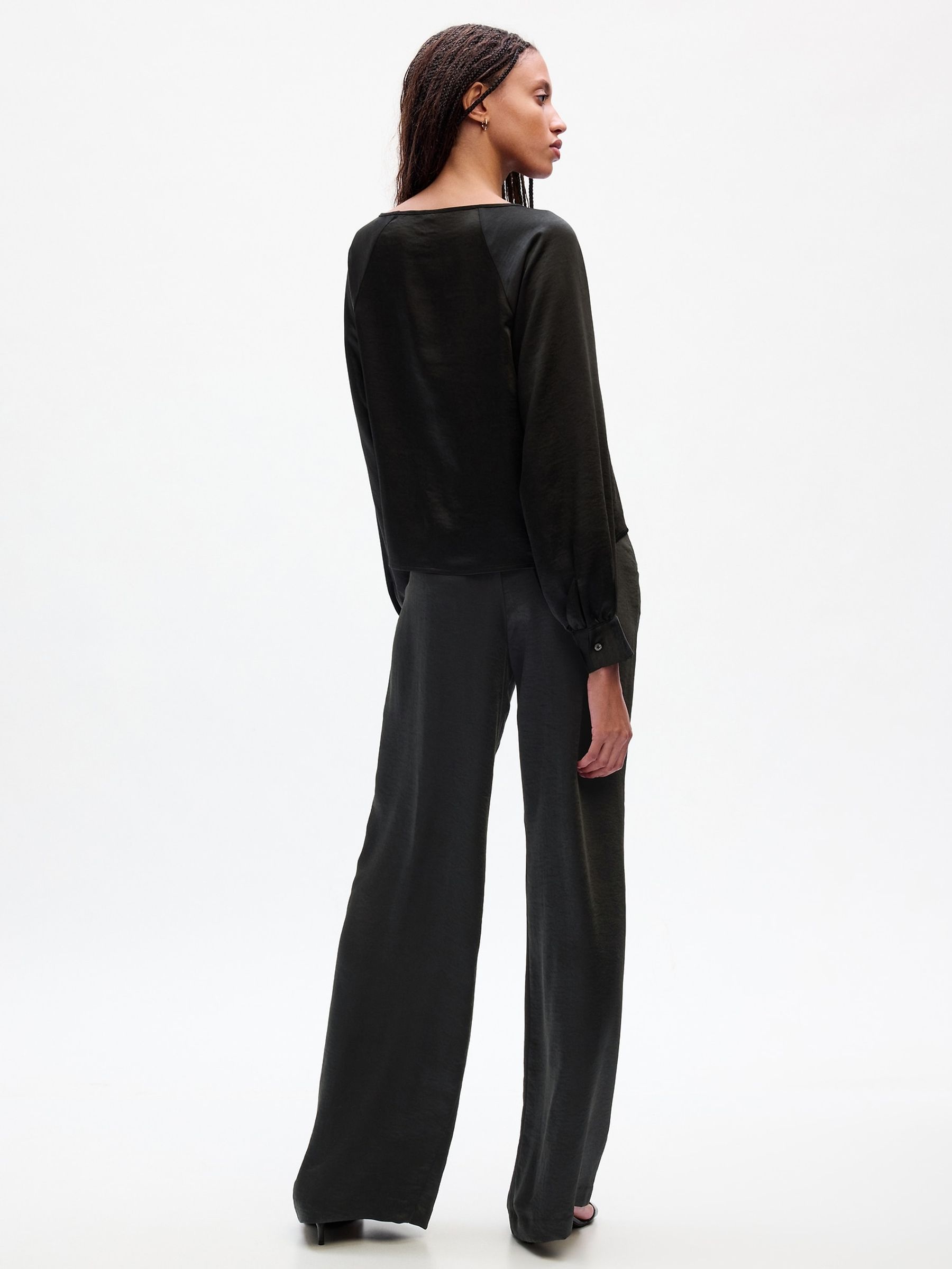 Black High Waisted Pleated Satin Wide Leg Trousers - Image 2 of 5