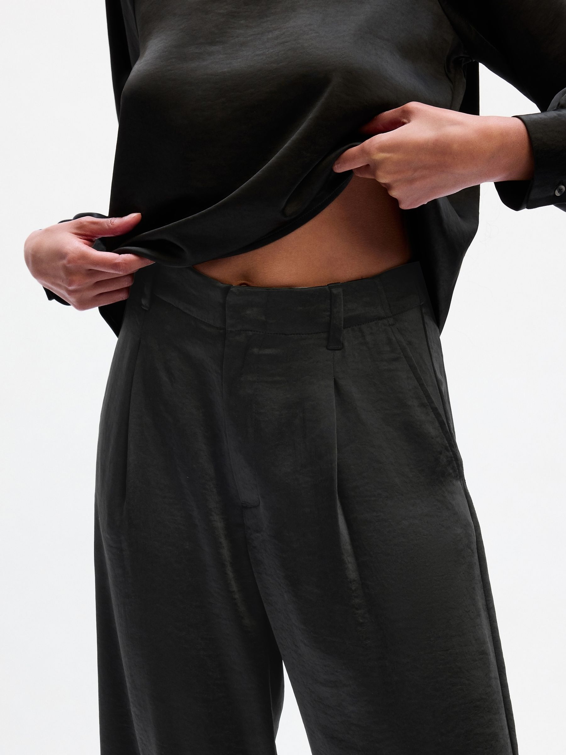 Black High Waisted Pleated Satin Wide Leg Trousers - Image 3 of 5