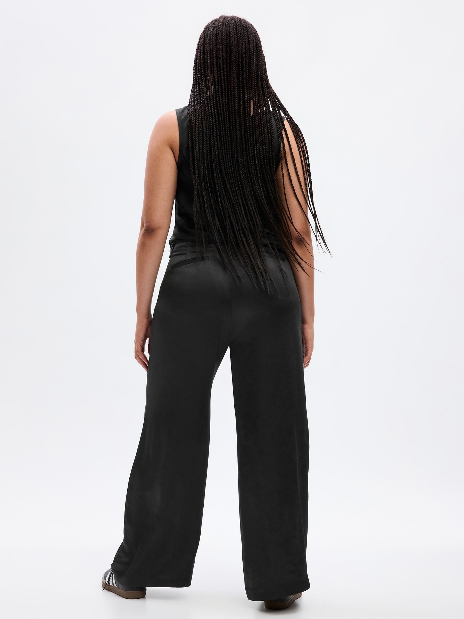 Black High Waisted Pleated Satin Wide Leg Trousers - Image 5 of 5