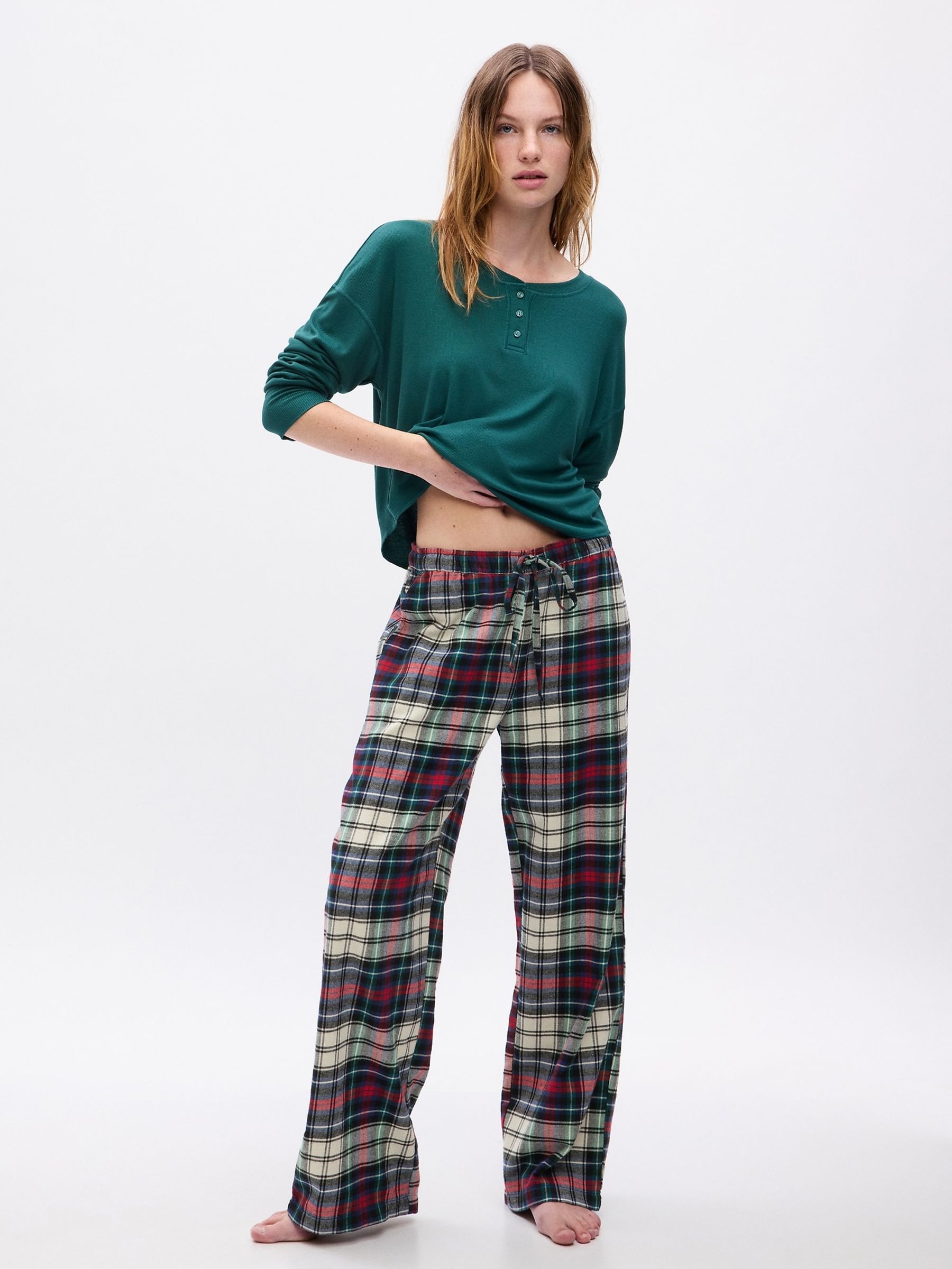 Green, Red & White Flannel Check Family Christmas Pyjama Bottoms - Image 1 of 4