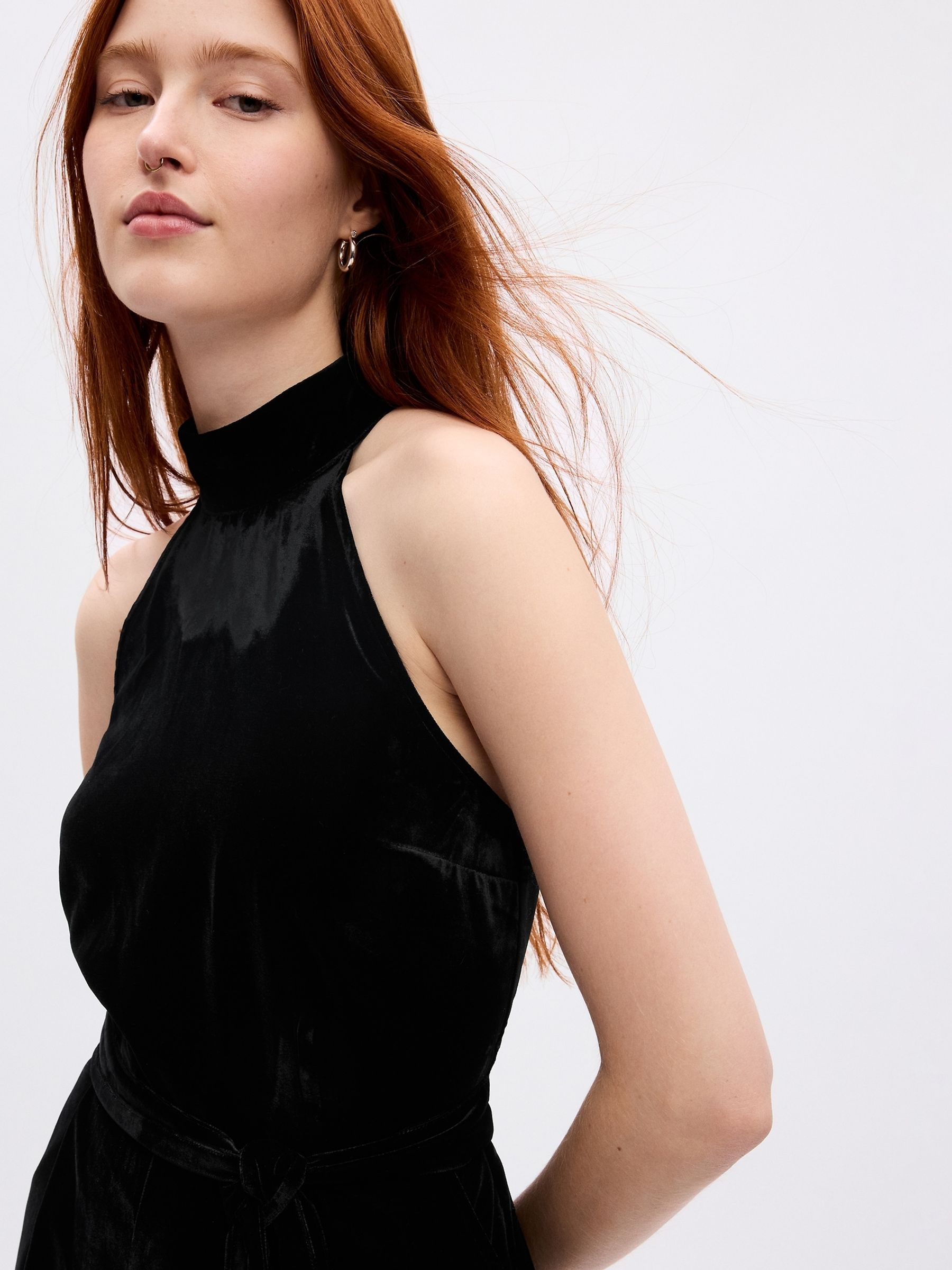Black Velvet Mock Neck Halter Jumpsuit - Image 3 of 5