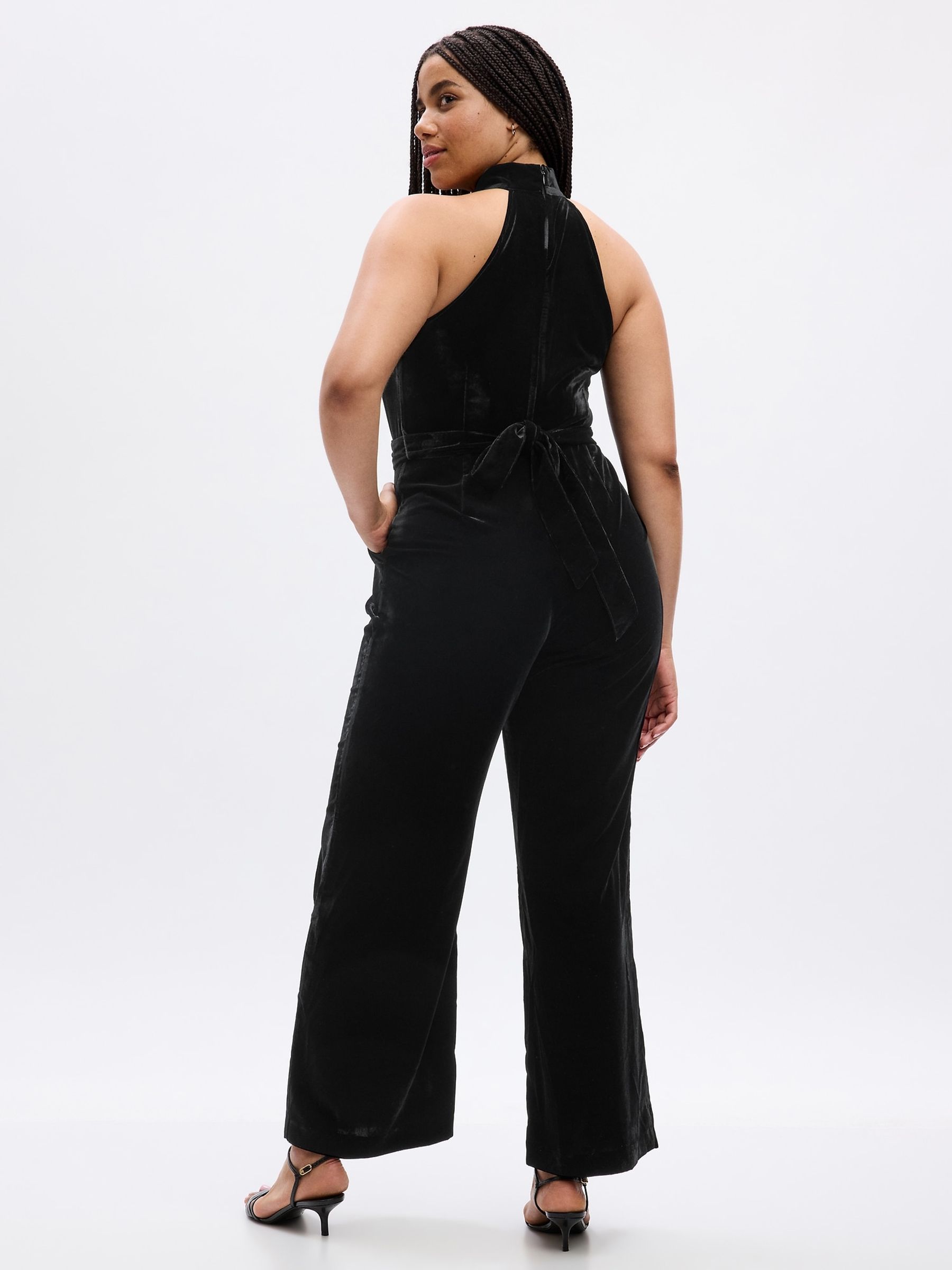 Black Velvet Mock Neck Halter Jumpsuit - Image 5 of 5