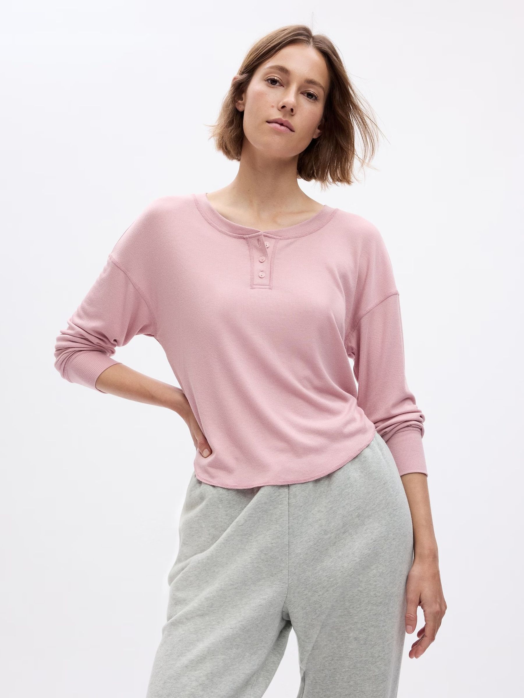 Pink Ribbed Henley Long Sleeve Pyjama Top - Image 1 of 2