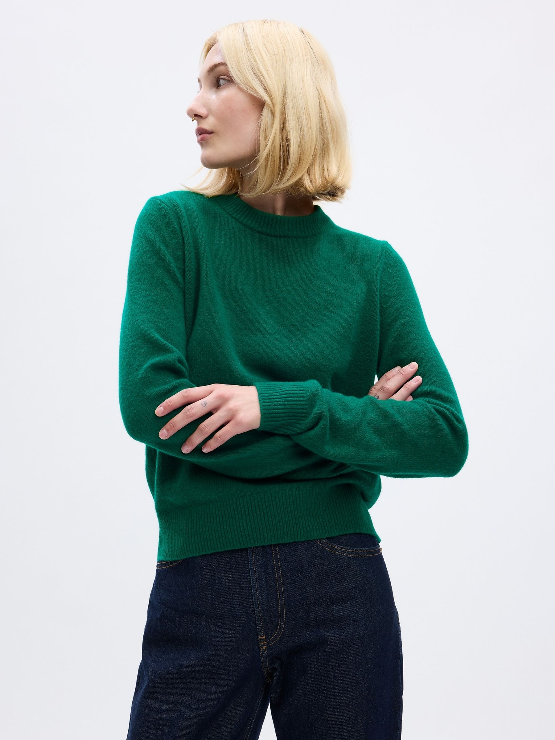 Green CashSoft Cotton Mix Crew Neck Jumper - Image 1 of 2