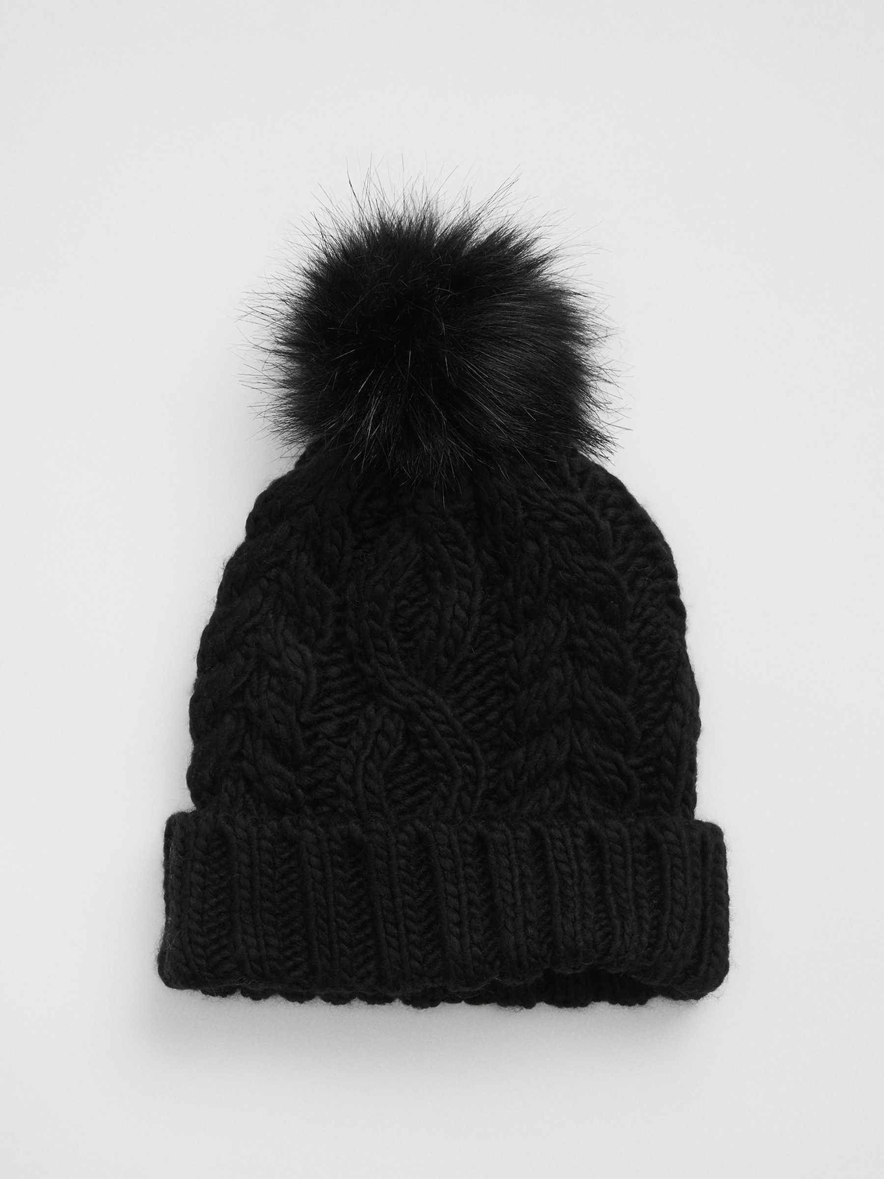 Black Cable Knit Pom Beanie - Image 1 of 1