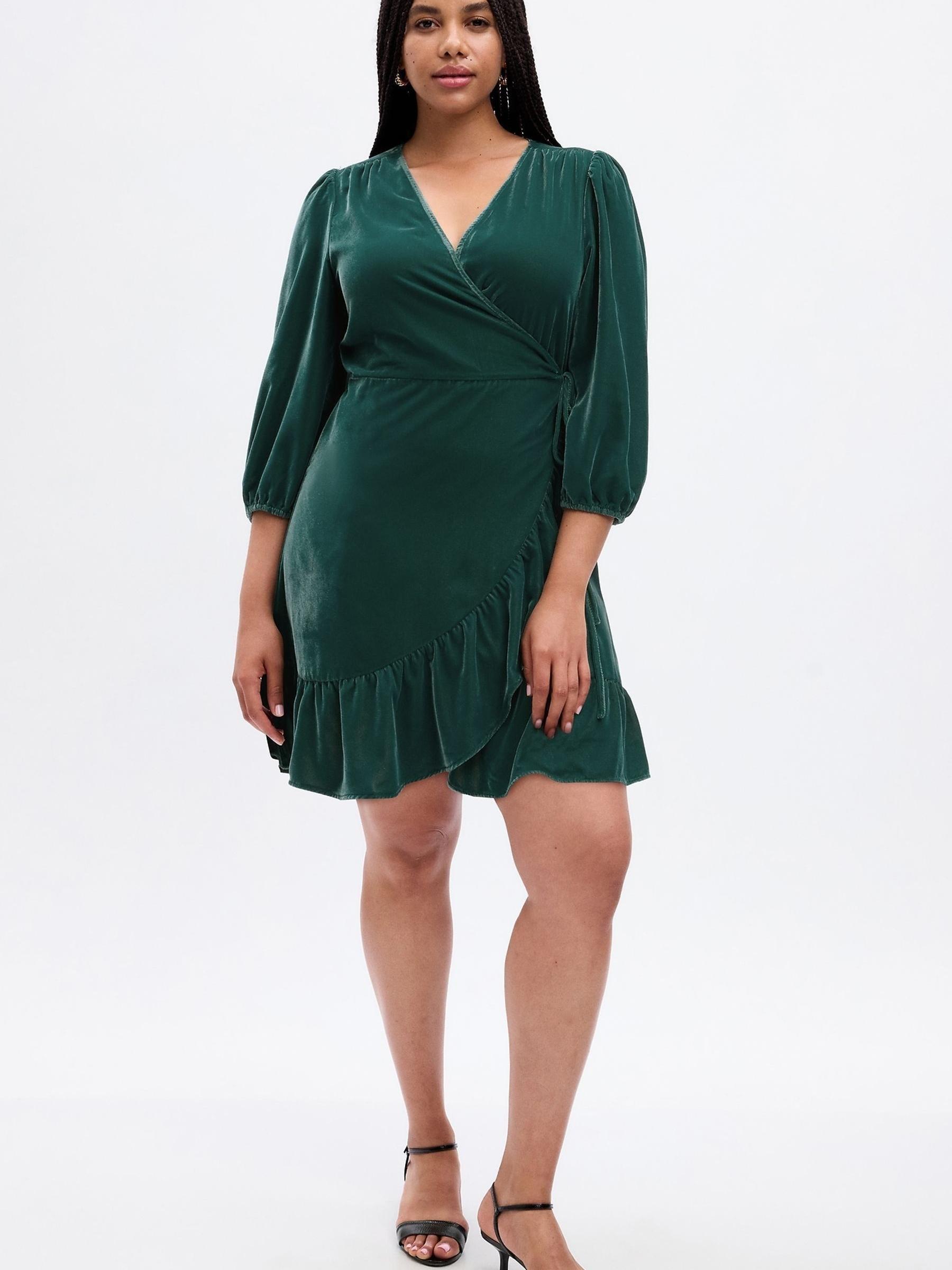 Green Velvet V Neck Wrap Mini Dress - Image 1 of 5