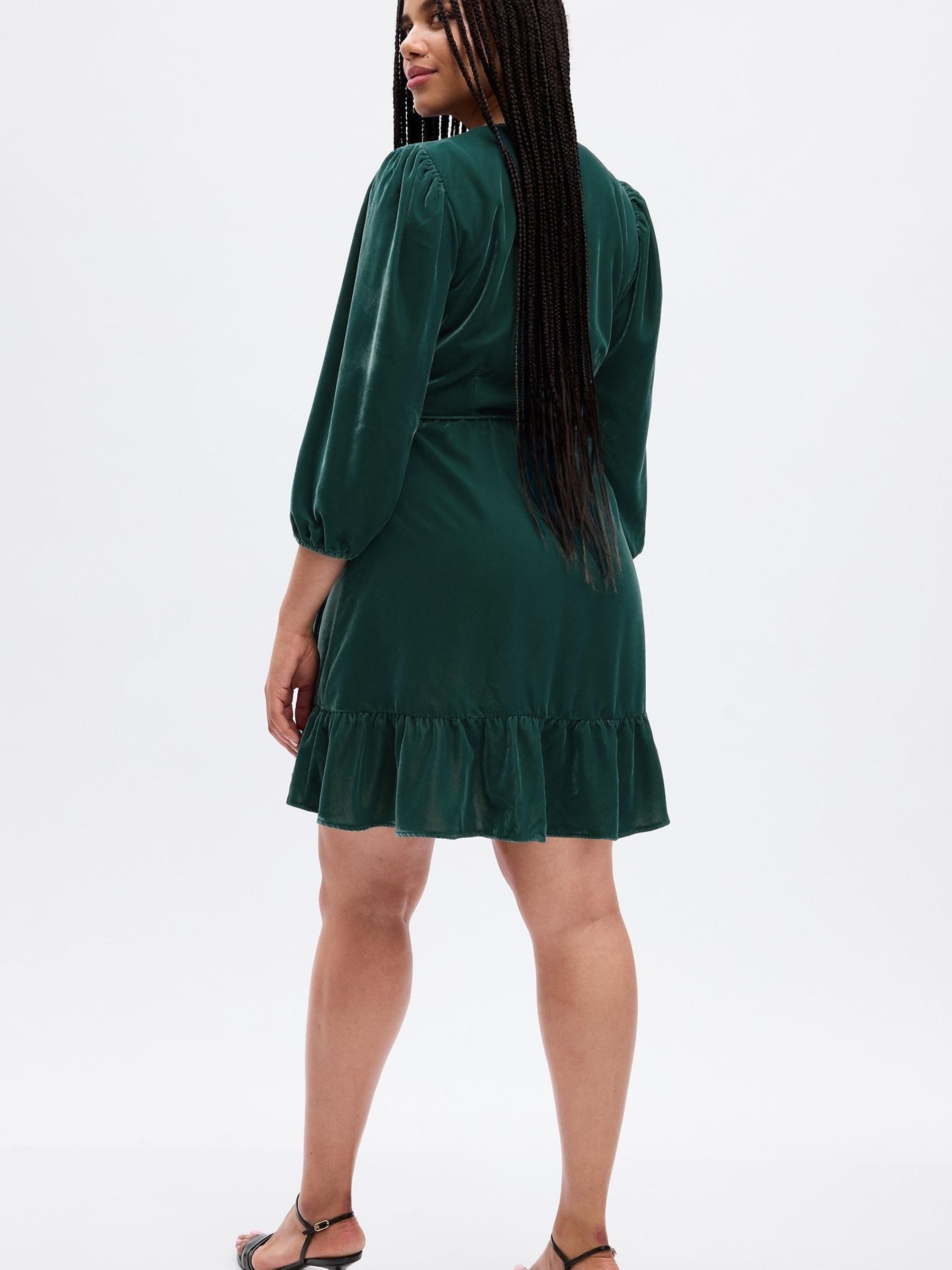Green Velvet V Neck Wrap Mini Dress - Image 2 of 5